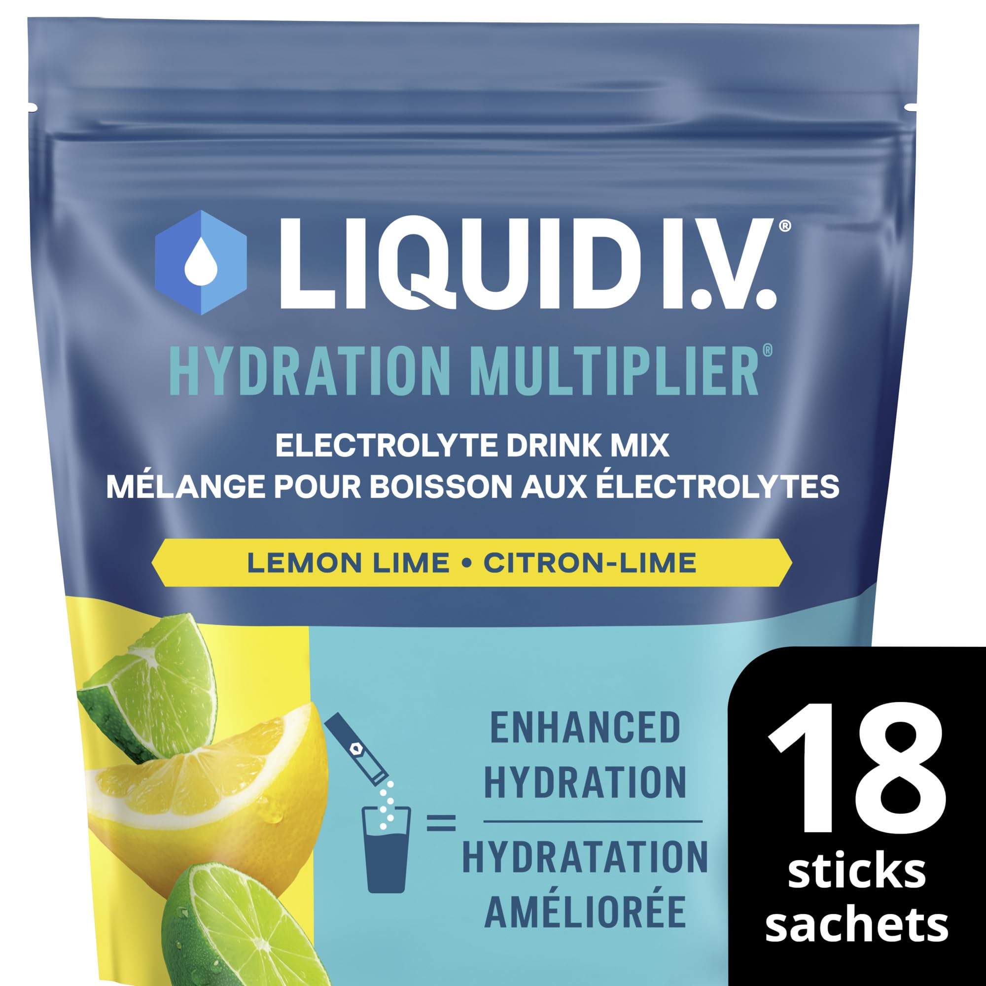 Liquid I.V. Hydration Multiplier Electrolyte Drink Mix - Enhanced Hydration Electrolyte Powder with Vitamins B3, B5, B6, B12 and C -18x On-the-go Sticks for Workout and Travel - Lemon Lime 🍁 All In One Marketplace Canada