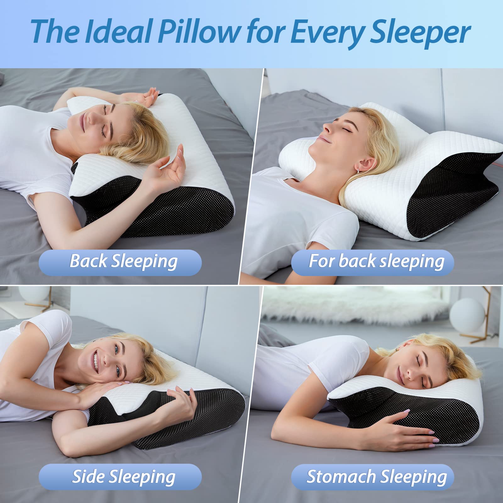 HOMCA Memory Foam Pillow, 2 in 1 Cervical Pillow for Neck Pain Relief, Ergonomic Neck Support Pillows for Side Back Stomach Sleepers with Breathable Pillowcase (Black) 🍁 All In One Marketplace Canada