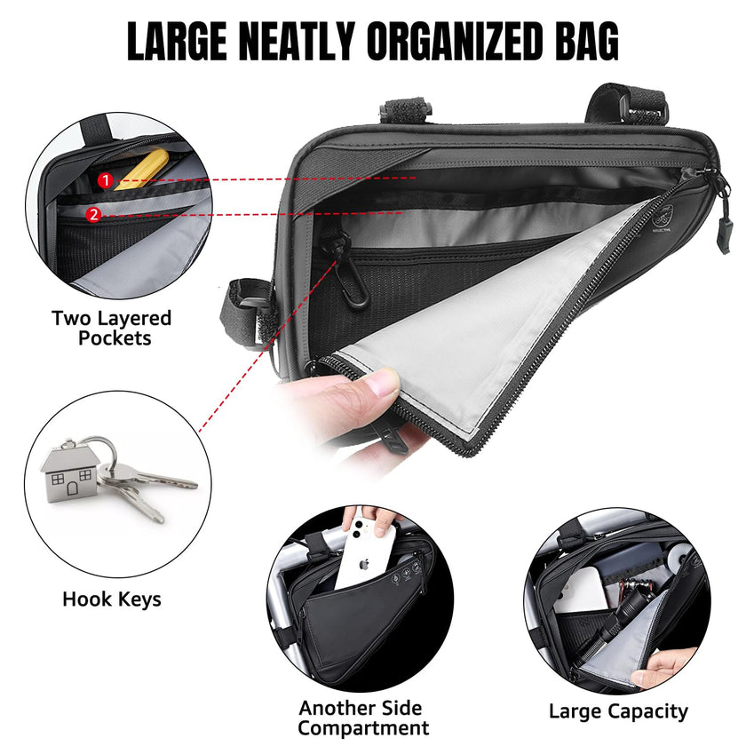WOTOW Bike Frame Storage Bag, Water Resistant Cycling Reflective Triangle Handlebar Top Tube Bag Under Seat Pouch Strap-On Adjustable Install Position Tool Accessories Pack for Mountain Road Bike 🍁 All In One Marketplace Canada
