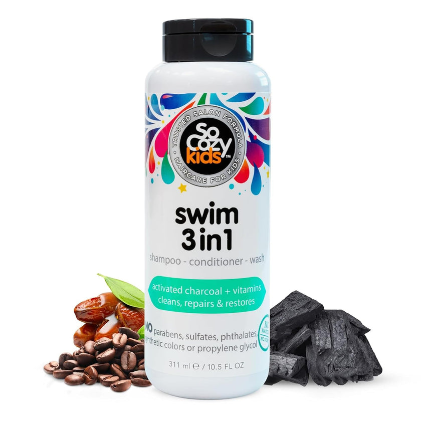 SoCozy Kids Swim 3-in-1 Shampoo, Conditioner & Body Wash - 3-in-1 Combo Pool Shampoo & Conditioner for Swimmers - Salt & Chlorine Removing Activated Charcoal for Toddler & Kids Hair After Swimming 🍁 All In One Marketplace Canada
