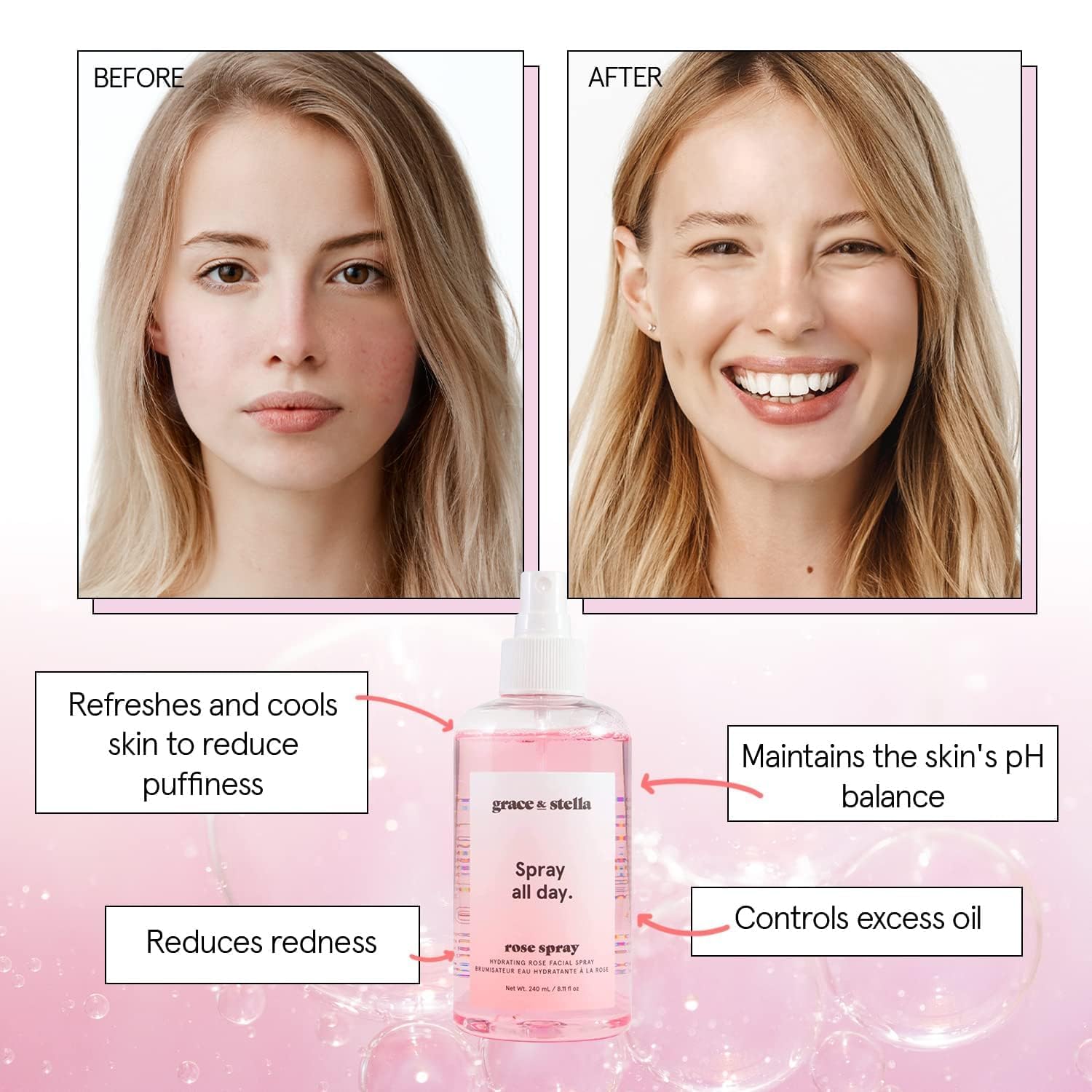 Grace and Stella Award Winning Rose Water Facial Spray (240ml) - Vegan - Rose Water Spray For Face - Rosewater Spray Toner Rose Hydrosol - Rose Spray Facial Mist - Rosewater Spray Toner Rose Hydrosol - Spray all Day 🍁 All In One Marketplace Canada