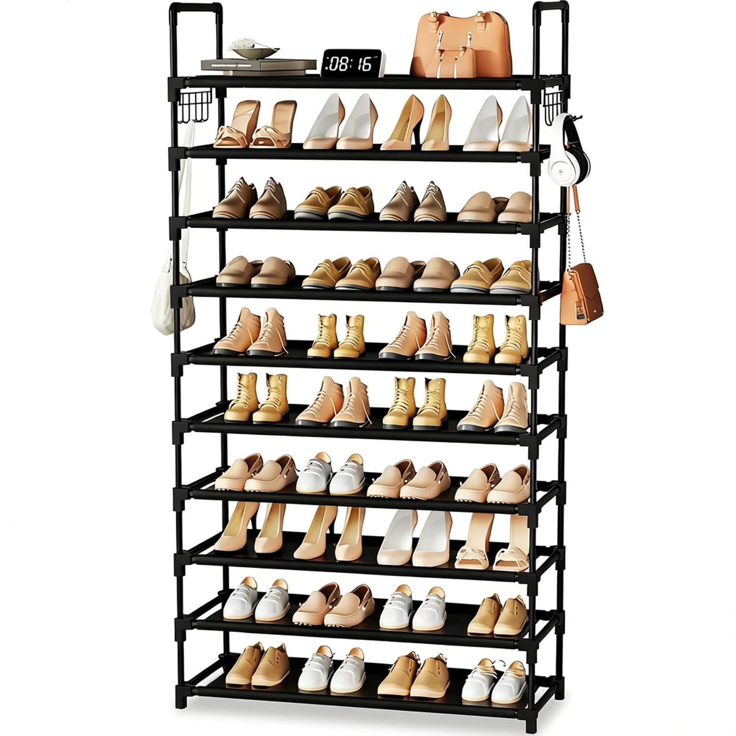 10 Tier Shoe Rack, Large Capacity Tall Shoe Storage Organizer Holds 50-55 Pairs Shoes and Boots, Vertical Shoe Shelf Cabinet with Versatile Hooks for Closet Entryway Garage Bedroom 🍁 All In One Marketplace Canada