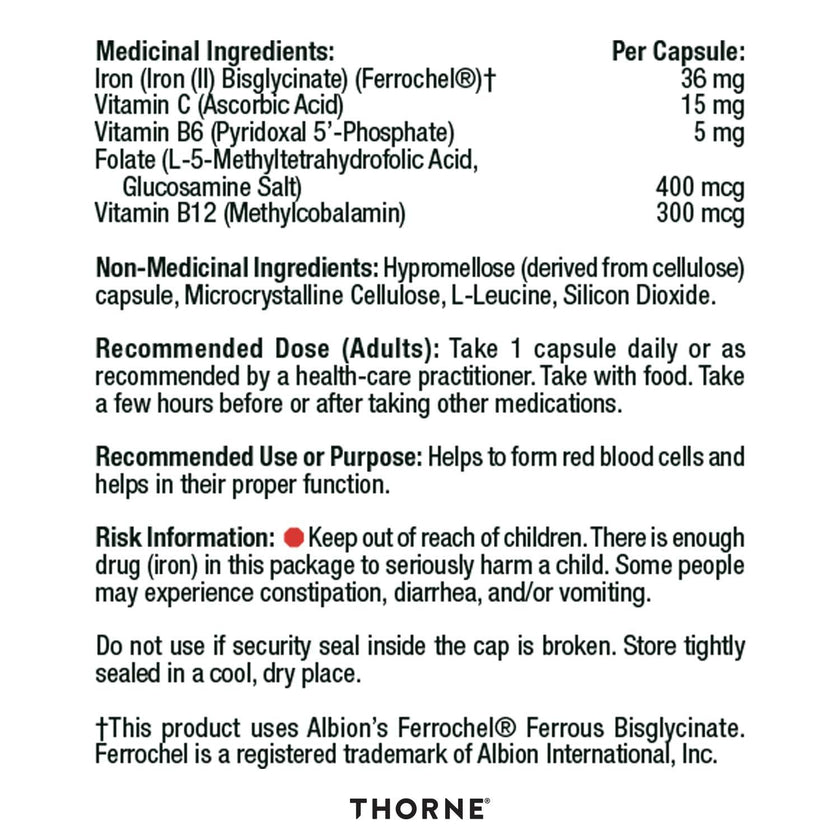 Thorne Ferrasorb - Complete Blood Support Formula with Iron, Folate, and B vitamins - 60 Capsules - 60 Servings 🍁 All In One Marketplace Canada