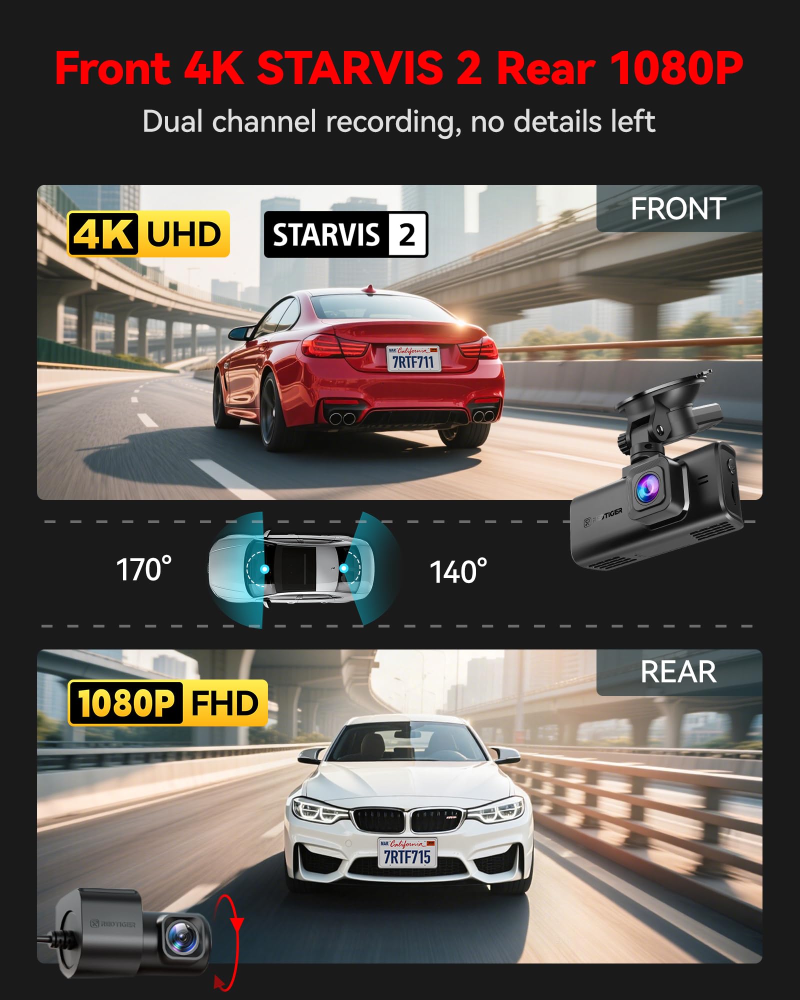 REDTIGER 4K Dash Cam Front and Rear, STARVIS 2 Sensor, Touch Screen 3.18
