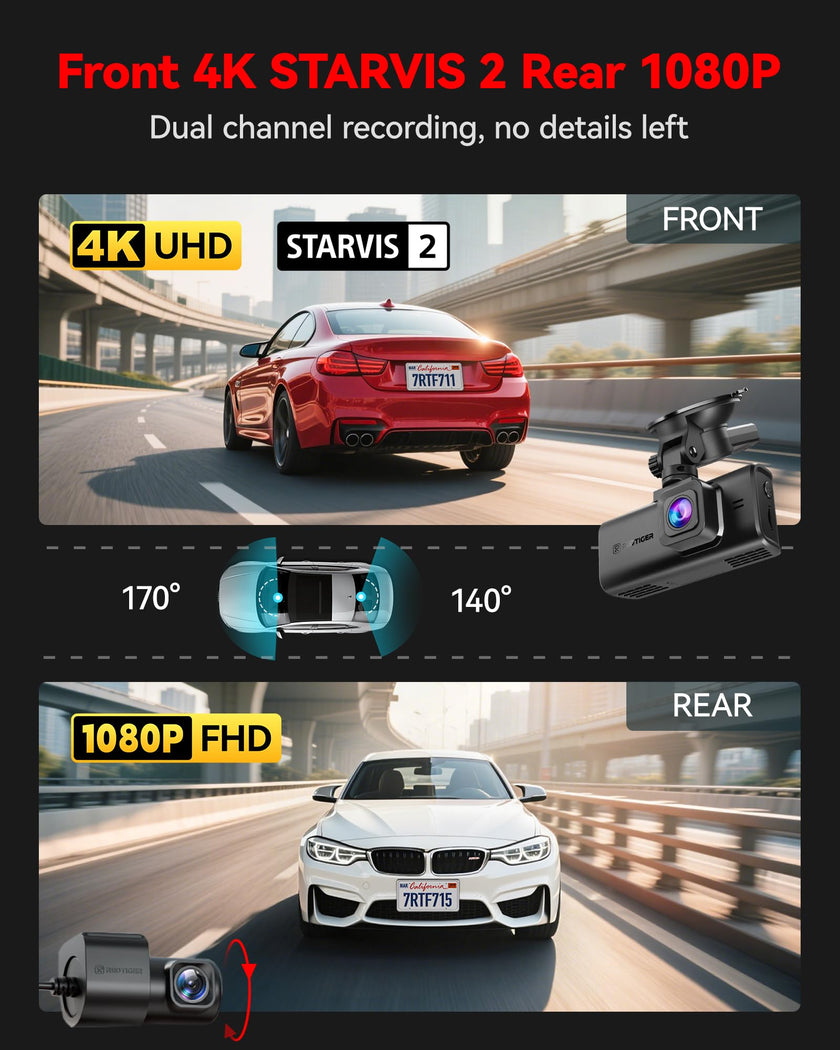REDTIGER 4K Dash Cam Front and Rear, STARVIS 2 Sensor, Touch Screen 3.18