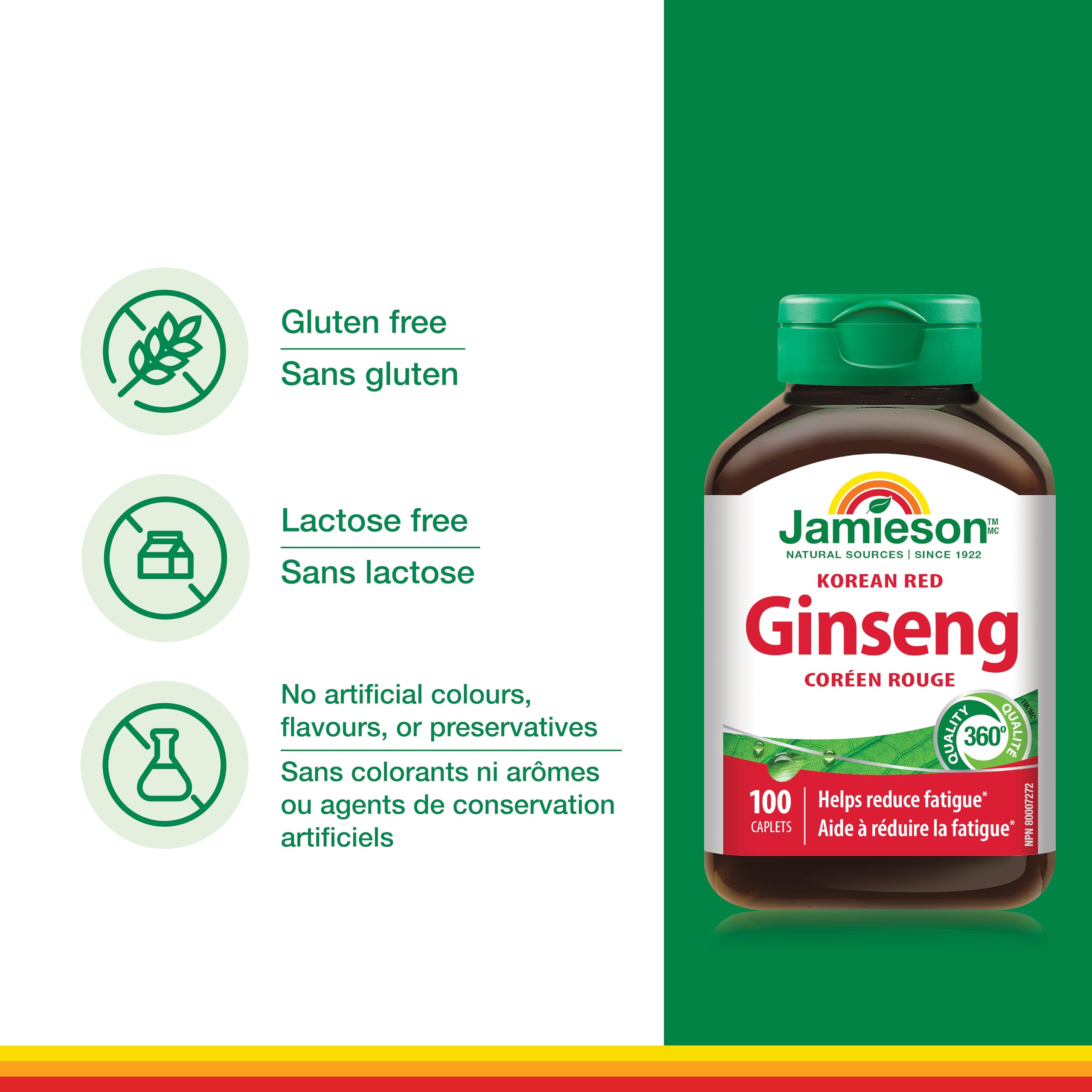 Jamieson Korean Red Ginseng, Panax Ginseng, 100 Caplets, Stress Support, Reduces Fatigue, Boosts Cognitive Health, Helps Enhance Physical Performance. Non-GMO, Proudly Canadian 🍁 All In One Marketplace Canada