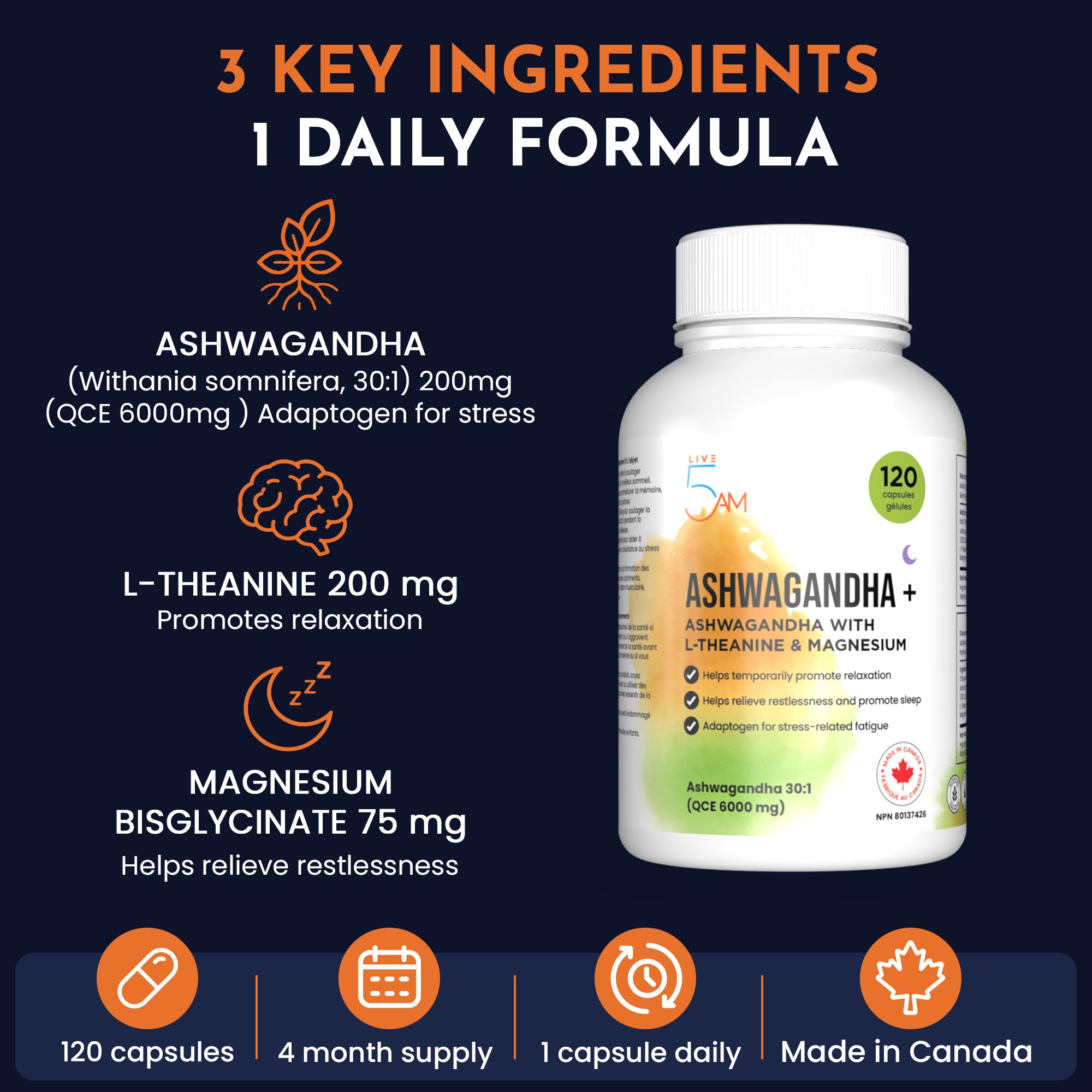 Live 5AM Ashwagandha 6000mg with L-Theanine 200mg, Magnesium Bisglycinate 75mg & Black Pepper Extract - Relaxation, Stress & Restlessness Support - 4 Month Supply, 120 Capsules - Made in Canada 🍁 All In One Marketplace Canada