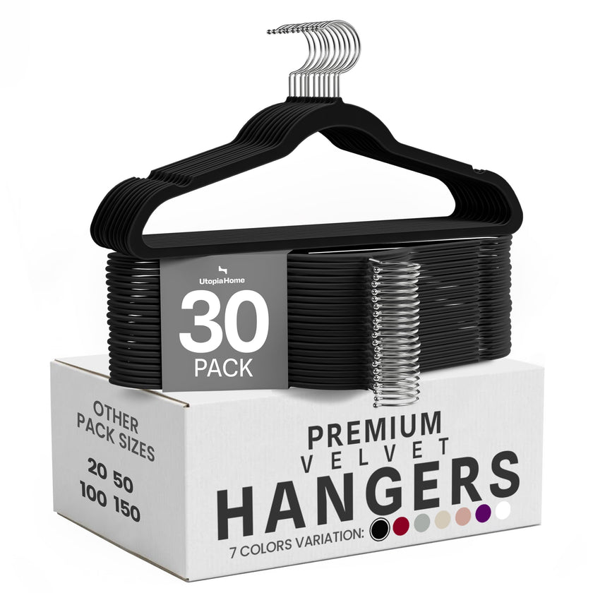 Utopia Home Velvet Hangers 30 Pack, Heavy Duty, Non-Slip, Space Saving Felt Clothes Hangers with 360° Hook & Notches (Black) 🍁 All In One Marketplace Canada