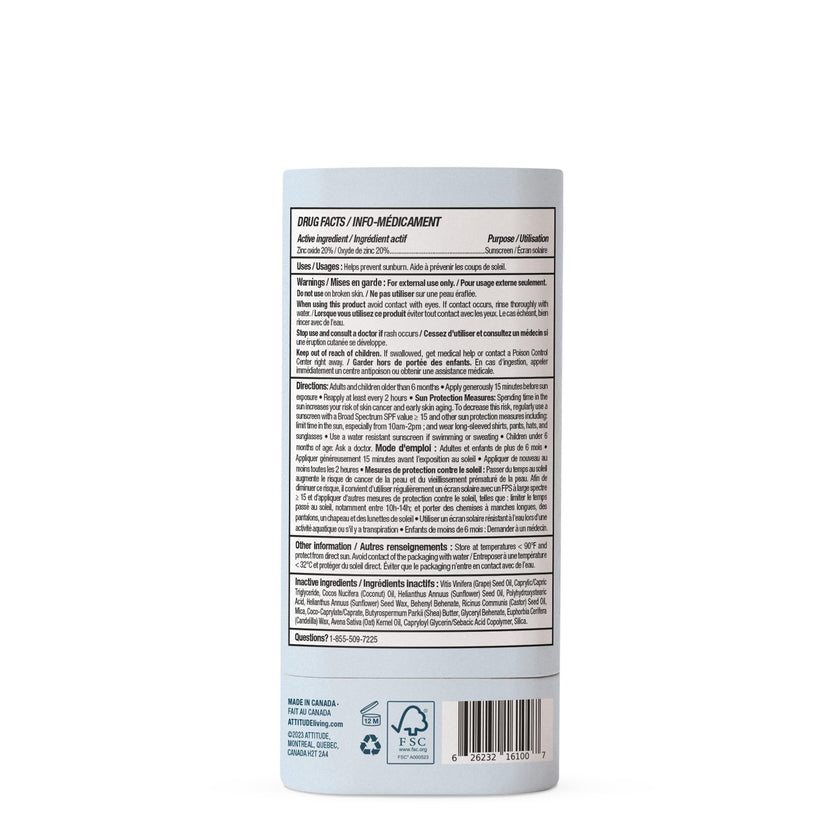 ATTITUDE Mineral Sunscreen Stick for Sensitive Skin, SPF 30, Made in Canada, EWG Verified, Plastic-Free, Broad Spectrum UVA/UVB Protection with Zinc Oxide, Dermatologically Tested, Vegan, Unscented, 60 grams 🍁 All In One Marketplace Canada