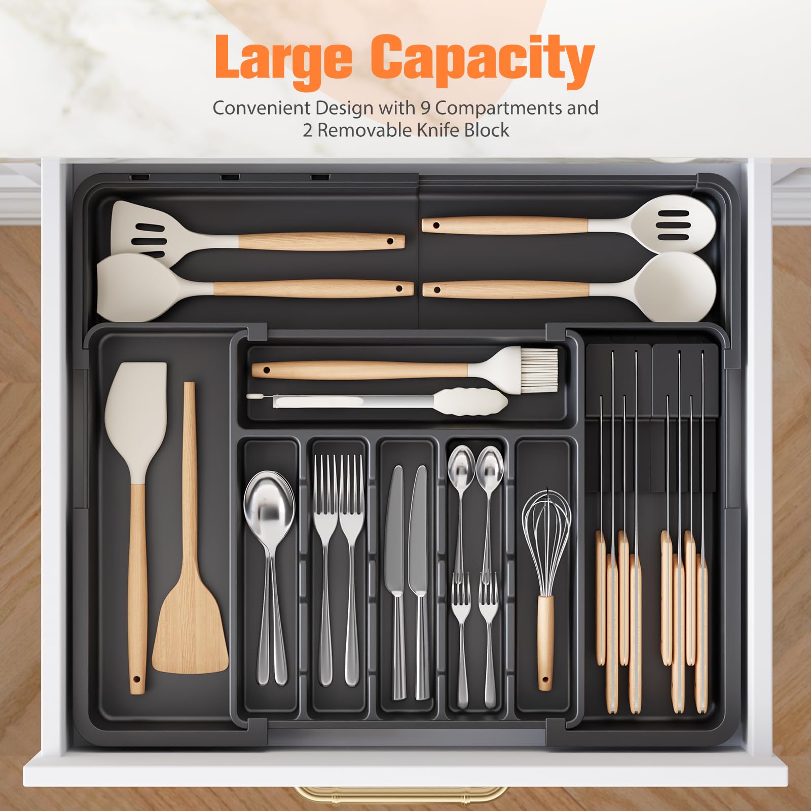 Ceecysaa Cutlery Organizer with 2 Removable Knife Blocks, Expandable Utensil Tray,Adjustable Cutlery Tray Drawer Organizer for Spoons, Knives, Kitchen Organizers and Storage,ABS,Black(6-9 Slots) 🍁 All In One Marketplace Canada