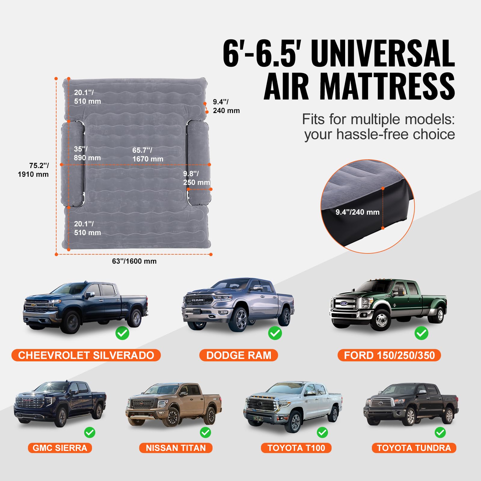 VEVOR Truck Bed Air Mattress, for 6-6.5 ft Full Size Truck Beds, Inflatable Air Mattress Camping Bed with 12V Air Pump 2 Pillows, Carry Bag, for Chevrolet Silverado, Dodge Ram, Ford 150/250/350 🍁 All In One Marketplace Canada