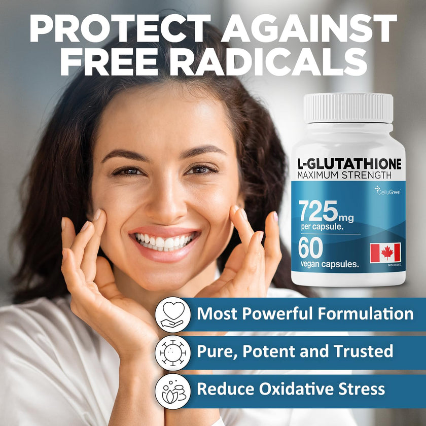CelluGreen 725mg L-Glutathione MOST POWERFUL AVAILABLE Antioxidant Support for Cellular Health, Liver Detox, Skin & Immune Health, Vegan, Made in Canada. 60 Capsules 🍁 All In One Marketplace Canada