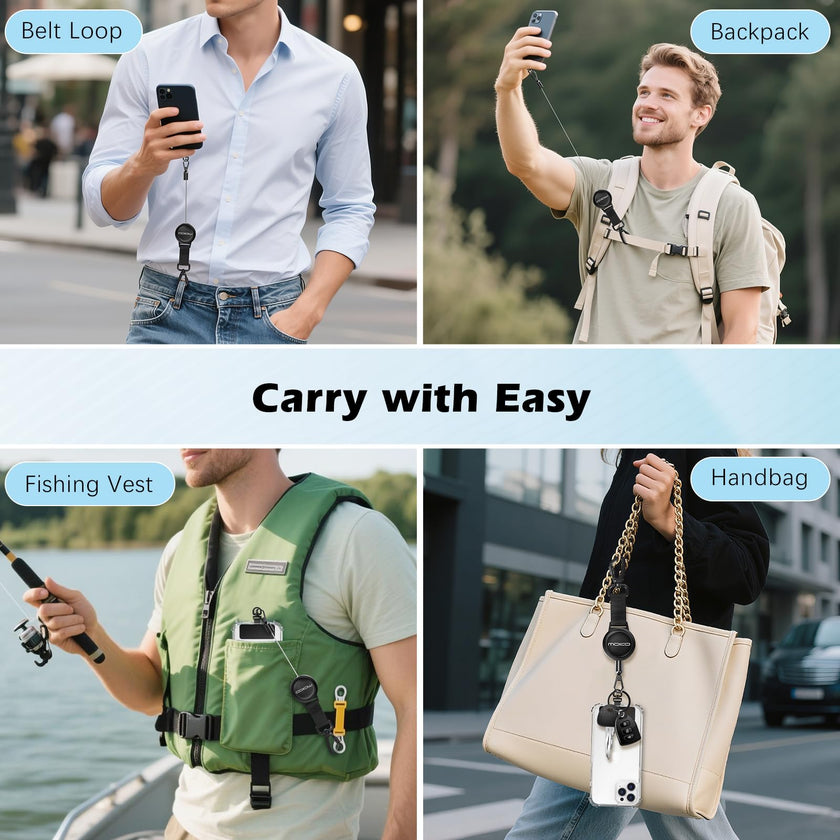 MoKo Anti-theft Phone Tether, Phone Lanyard Retractable Steel Line Cellphone Strap with Locking Carabiner and Metal 360° Tether Tab for Outdoor Skiing Hiking Climbing Fishing, Black 🍁 All In One Marketplace Canada