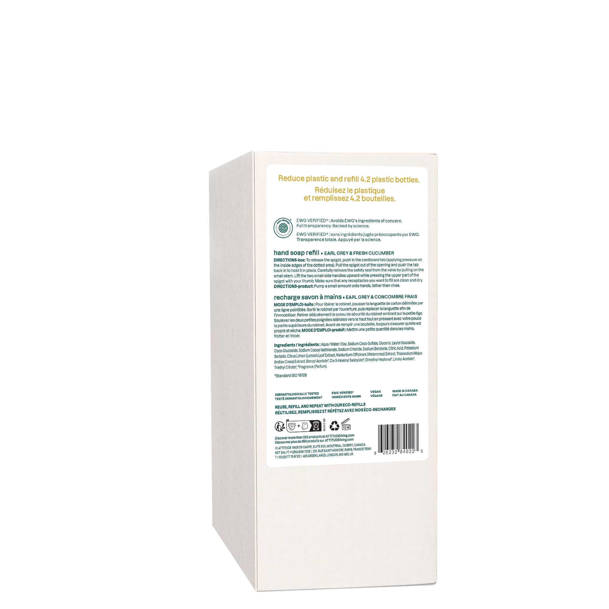 ATTITUDE Liquid Hand Soap, Made in Canada, EWG Verified, Plant and Mineral-Based, Vegan Personal Care Products, Earl Grey & Fresh Cucumber Scent, Bulk Refill Format, 2 Liters 🍁 All In One Marketplace Canada