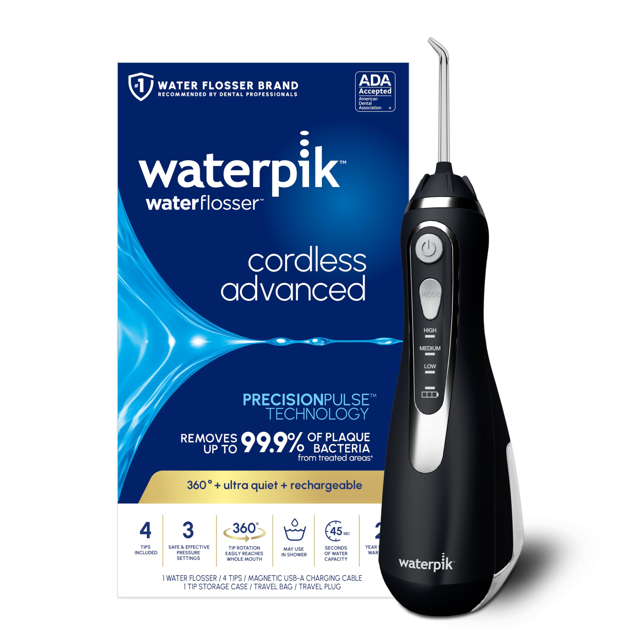 Waterpik Cordless Advanced 2.0 Water Flosser for Teeth, Gums, Braces, Dental Care with Travel Bag & 4 Tips, CDA Validated, Waterproof Rechargeable Handheld, Black (1 Count) Packaging May Vary 🍁 All In One Marketplace Canada
