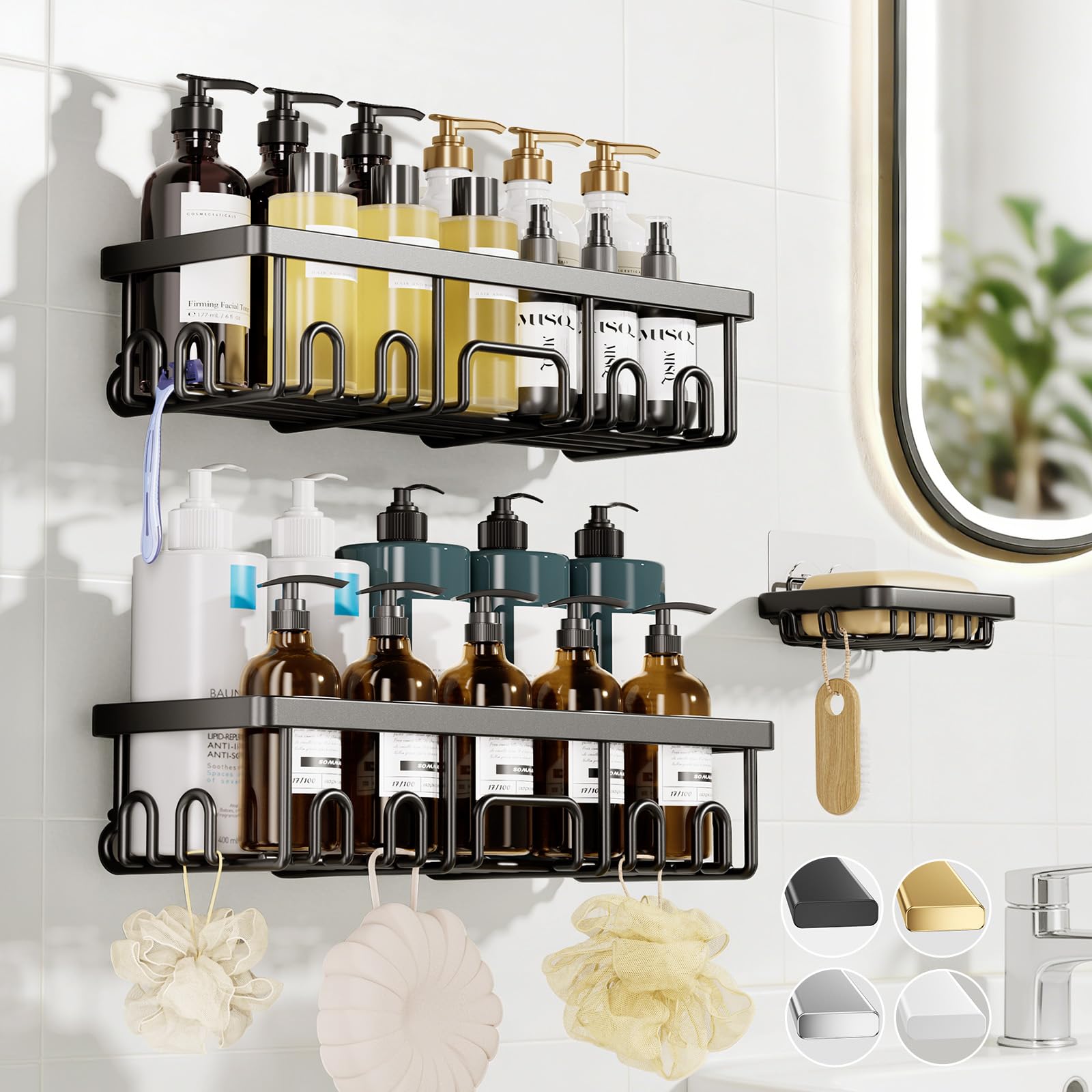 Veken Large Capacity Shower Caddy 3-Pack, No Drilling Adhesive Rack with Soap Holder, Rustproof & Waterproof Shelves, Bathroom Organizers and Storage, Wall-Mounted Kitchen & Home Decor, Black 🍁 All In One Marketplace Canada