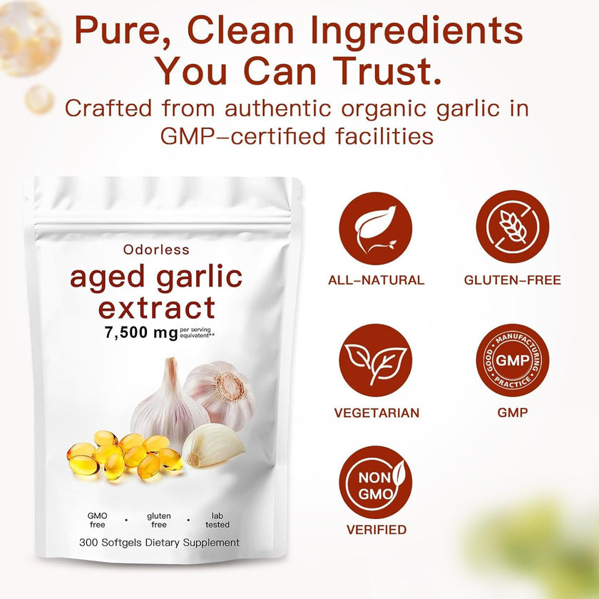 Aged Garlic Extract Capsules 7500mg Odorless – 300 Count Aged Garlic Supplement for Immune Support，Organic, Non-GMO, Vegetarian Softgels(1 PCS) 🍁 All In One Marketplace Canada