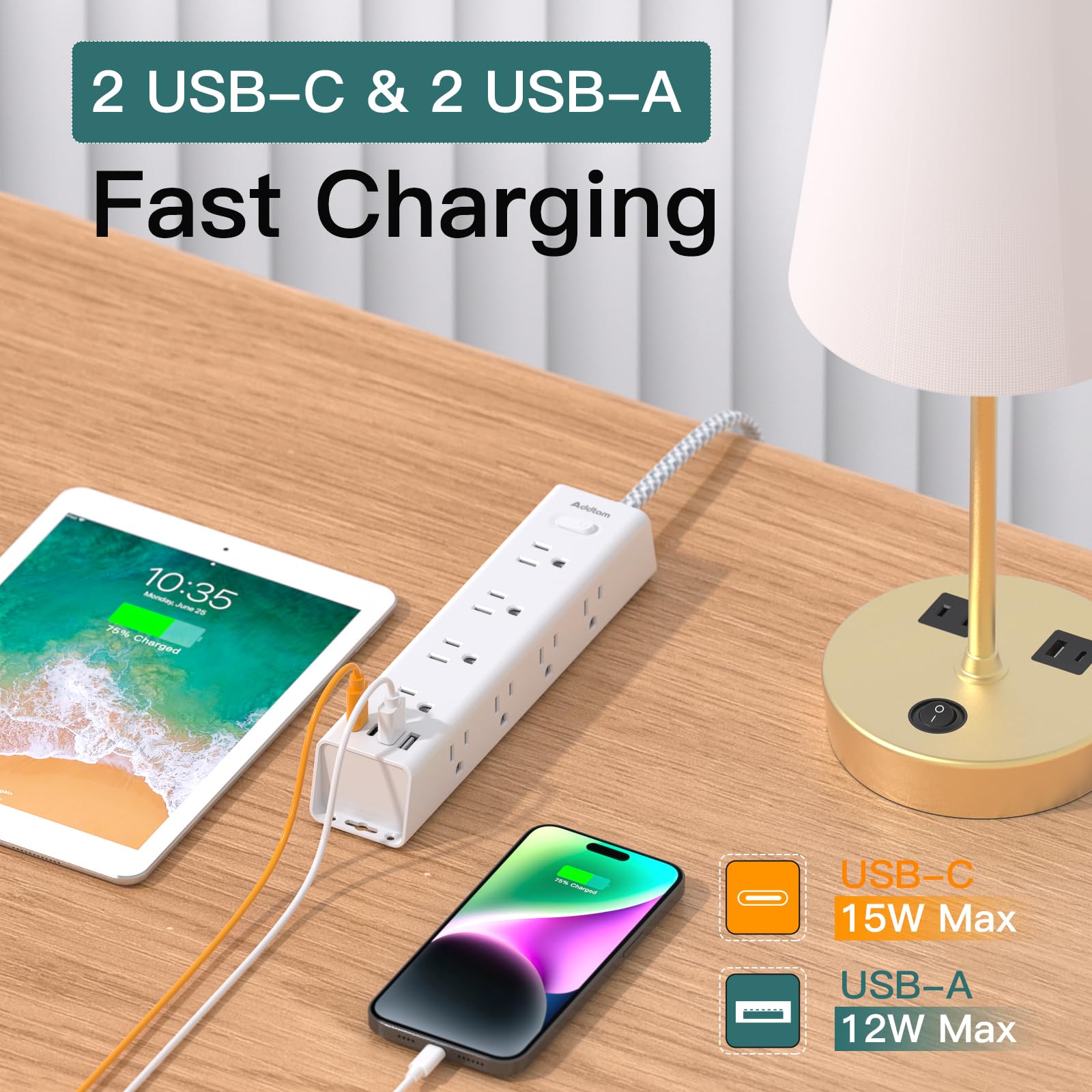 Surge Protector Power Bar - 10 FT Extension Cord, Power Strip with 12 Widely AC Outlet 4 USB, Flat Plug, Wall Mount Overload Protection, 1050J, Desk Charging Station for Dorm Home Office 🍁 All In One Marketplace Canada