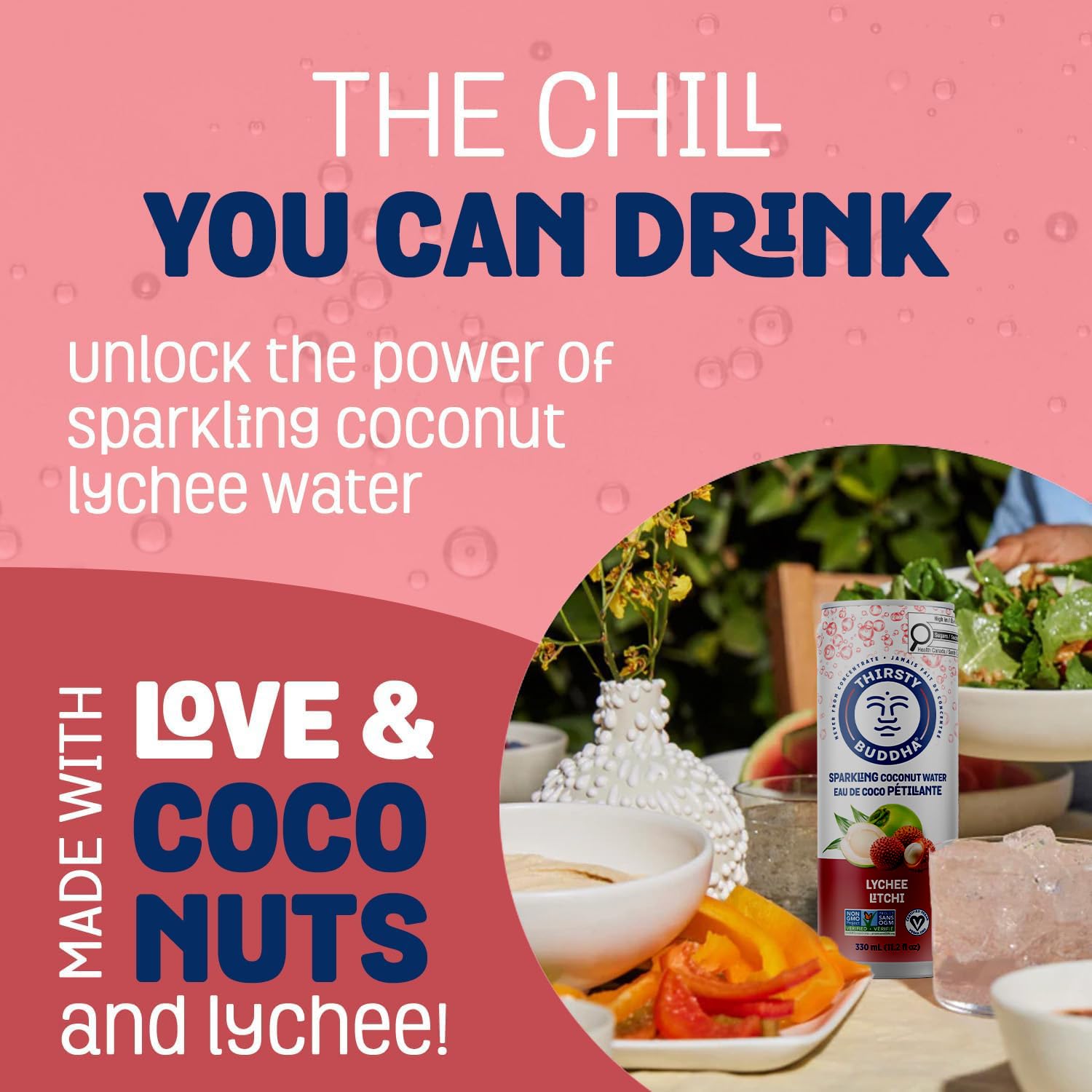 THIRSTY BUDDHA Sparkling Coconut Water with Lychee, No Added Sugar, Pure Coco Drink, Natural Fruit Flavour, Electrolyte & Nutrient-Rich, 12 Pack, (12/330ml) 🍁 All In One Marketplace Canada