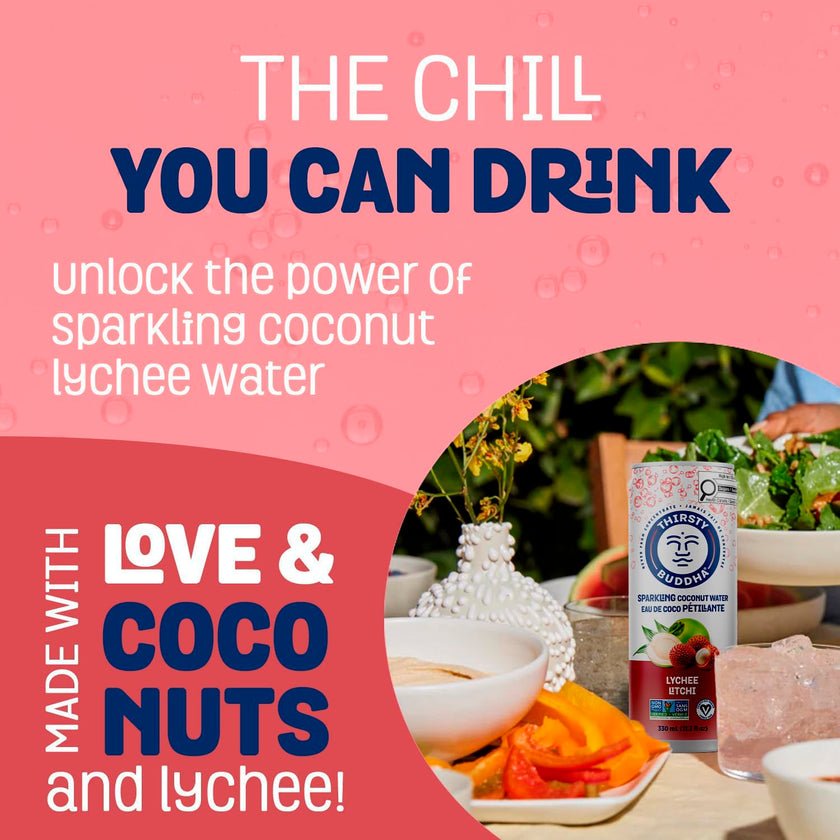 THIRSTY BUDDHA Sparkling Coconut Water with Lychee, No Added Sugar, Pure Coco Drink, Natural Fruit Flavour, Electrolyte & Nutrient-Rich, 12 Pack, (12/330ml) 🍁 All In One Marketplace Canada