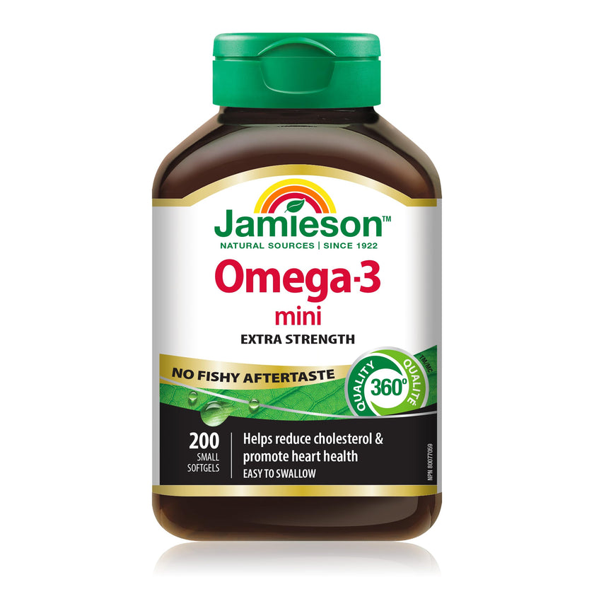 Jamieson Omega-3 Mini Softgels, No Fishy Aftertaste, Improves Heart Health, and Supports Brain Health. With 210 mg EPA and 140 mg DHA, No Burpback, Easy to Swallow, Gluten-Free, Non-GMO, 200 Count 🍁 All In One Marketplace Canada