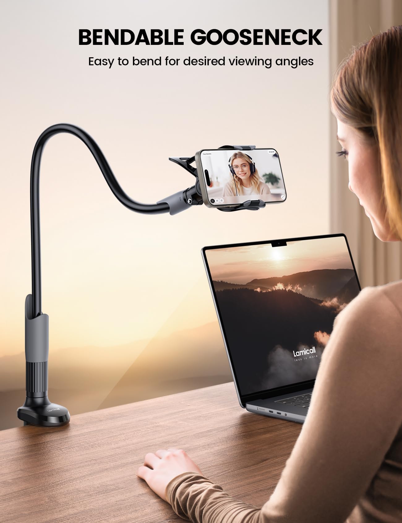 Phone Holder Bed Gooseneck Mount - Lamicall Cell Phone Stand Clamp Clip for Desk, Flexible Lazy Long Arm Headboard Bedside for iPhone 13 14 15 16 17 Pro Max Mini Plus, S24 S25 Ultra, 4-7