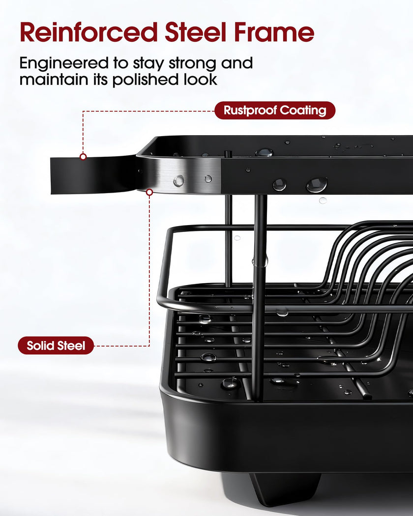 Sakugi Dish Drying Rack - Compact Dish Racks with Drain Board for Kitchen Counter, Durable Stainless Steel Dish Rack Used in Sink & on Countertop, Dark Black, Large 🍁 All In One Marketplace Canada