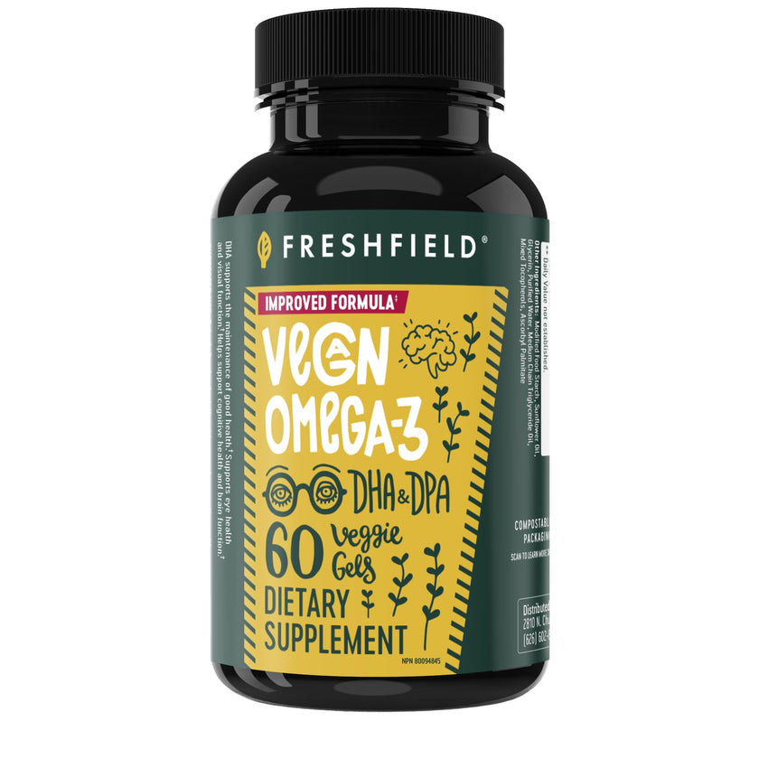 Freshfield Vegan Omega 3, Algae (Algal) Oil, Fish Oil Free Company, Third Party Tested, Carrageenan Free, DHA Supplement w/DPA, Plant Based Omega. Supports Heart, Brain, Joint Health 🍁 All In One Marketplace Canada