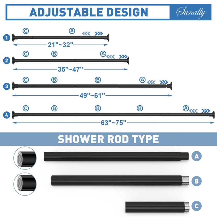 SUNALLY Shower Curtain Rod Adjustable 32-75 Inch, Spring Tension Shower Pole Rods Extendable Stainless Steel Telescoping Curtain Rod for Bathroom Windows Closet, No Drilling, No Slip, No Rust, Black 🍁 All In One Marketplace Canada