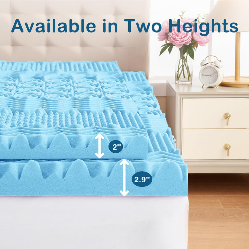 YUGYVOB Mattress Topper Queen, Foam Queen Mattress Topper, Cooling Gel Infused Bed Topper, 7 Zone Egg Crate Foam, CertiPUR-US Certified, 2 Inch 🍁 All In One Marketplace Canada