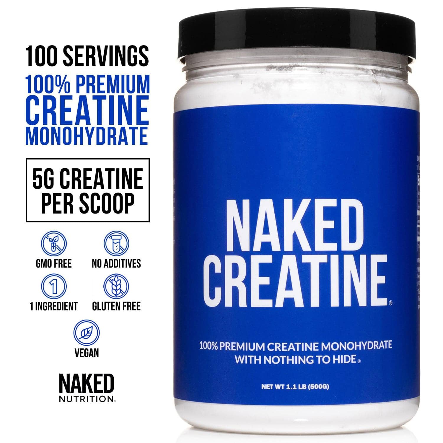 NAKED Pure Micronized Creatine Monohydrate Powder - NSF Certified, Unflavored, 500g, 1.1lb Bulk - Vegan, Non-GMO, Gluten-Free, Soy-Free, No Fillers, Supports Muscle Growth & Strength - 100 Servings 🍁 All In One Marketplace Canada
