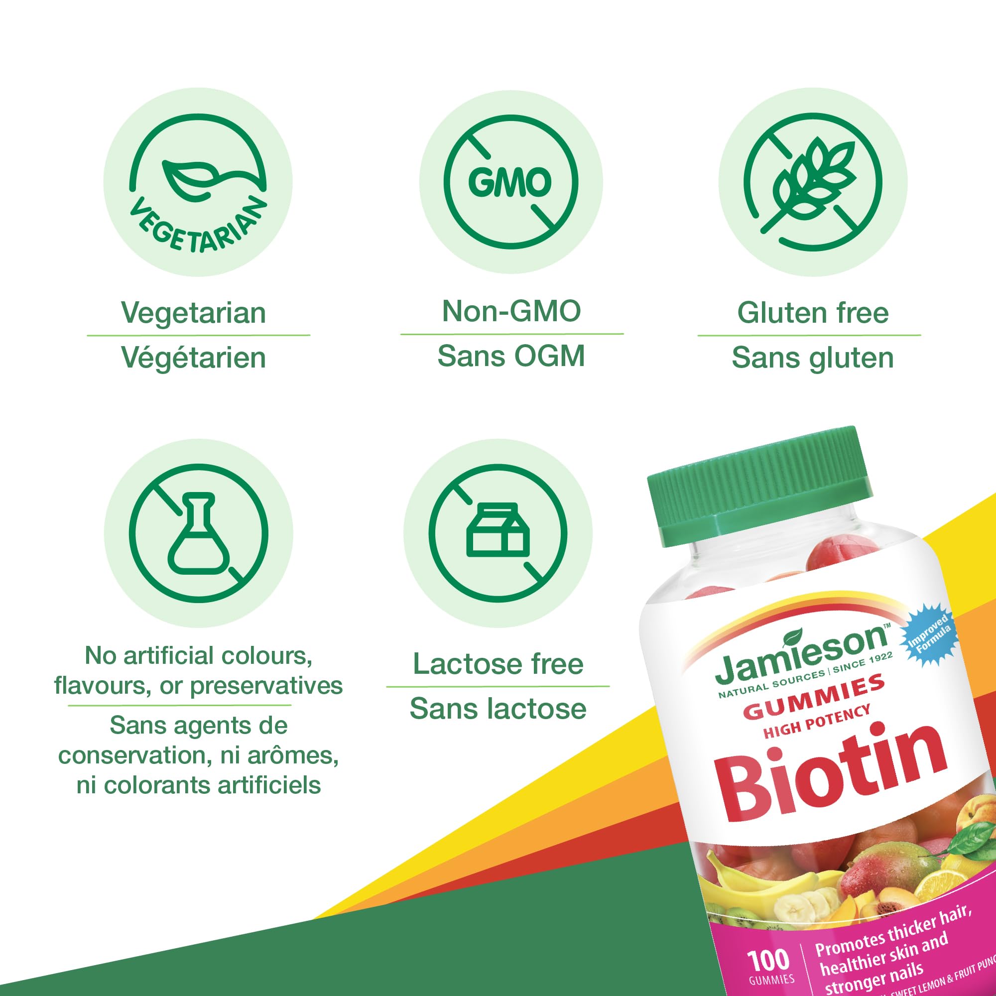 Jamieson High Potency Biotin Gummies with Vitamin C and Vitamin E, 100 Gummies, Mixed Flavours. Supports Thicker Hair, Healthier Skin, Stronger Nails. Gelatin-Free 🍁 All In One Marketplace Canada