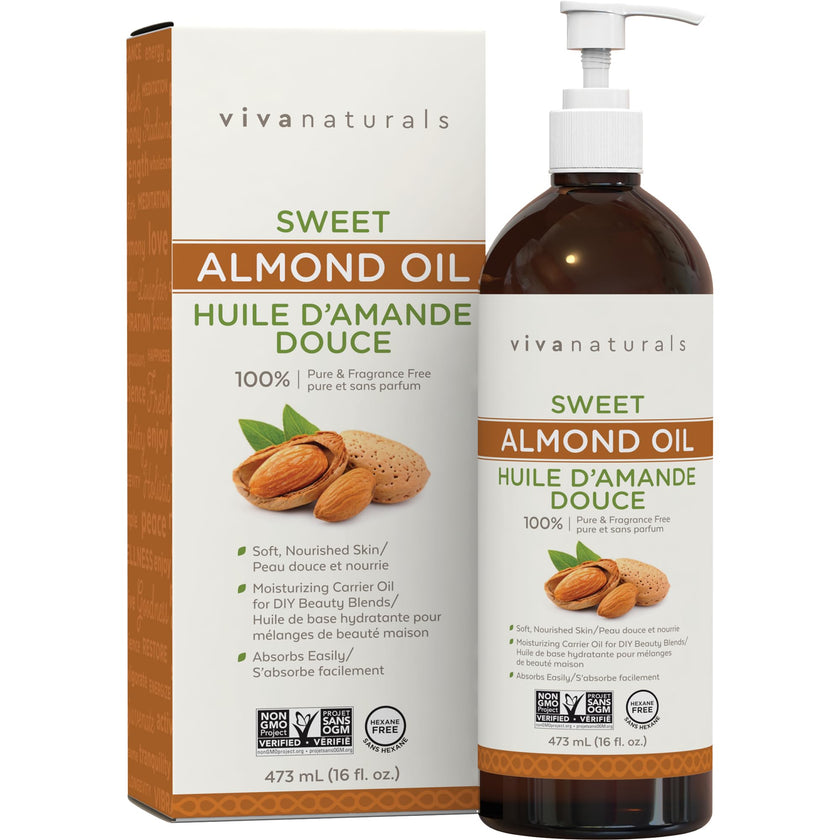 Viva Naturals Sweet Almond Oil – Almond Oil for Skin, Hair & Face, Body Oil After Shower, Body Oil for Dry Skin, Carrier Oil for Essential Oils & Almond Hair Oil, 16 fl oz 🍁 All In One Marketplace Canada