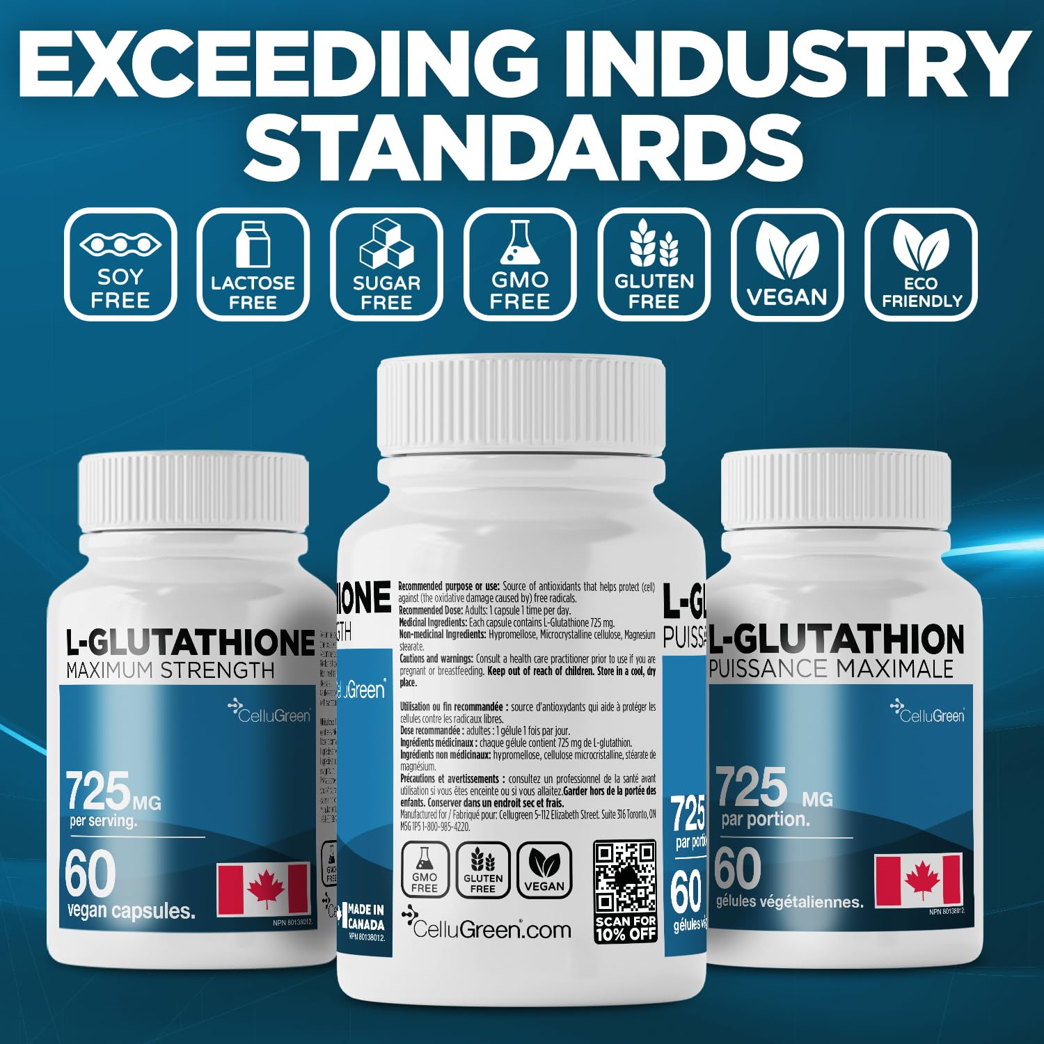 CelluGreen 725mg L-Glutathione MOST POWERFUL AVAILABLE Antioxidant Support for Cellular Health, Liver Detox, Skin & Immune Health, Vegan, Made in Canada. 60 Capsules 🍁 All In One Marketplace Canada