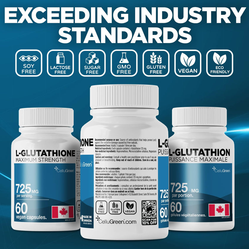 CelluGreen 725mg L-Glutathione MOST POWERFUL AVAILABLE Antioxidant Support for Cellular Health, Liver Detox, Skin & Immune Health, Vegan, Made in Canada. 60 Capsules 🍁 All In One Marketplace Canada