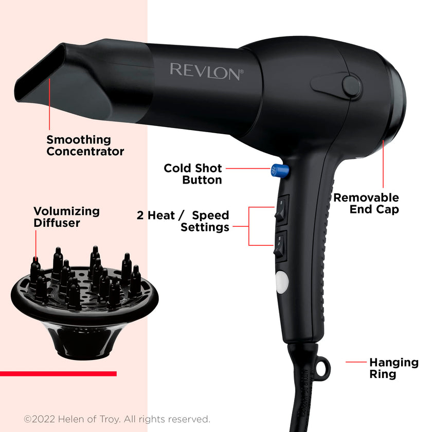 Revlon RV544FBLK Advanced Ionic Technology™ Hair Dryer with Diffuser, Powerful, Ionic Hair Dryer with Concentrator, Quick Dry, Lightweight, 2 Heat/ Speed Settings, Less Frizz, Shiny and Smooth Hair, Black 🍁 All In One Marketplace Canada