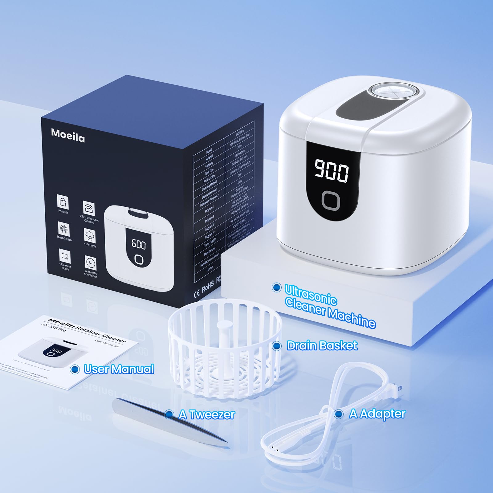 Ultrasonic Retainer Cleaner Machine, Upgraded 45kHz Ultrasonic Cleaner for Mouth Guard Braces, Night Guards, Toothbrush Heads & Jewlery with 200ML, 4 Modes and Digital Timer Dental Cleaning Pod (White) 🍁 All In One Marketplace Canada