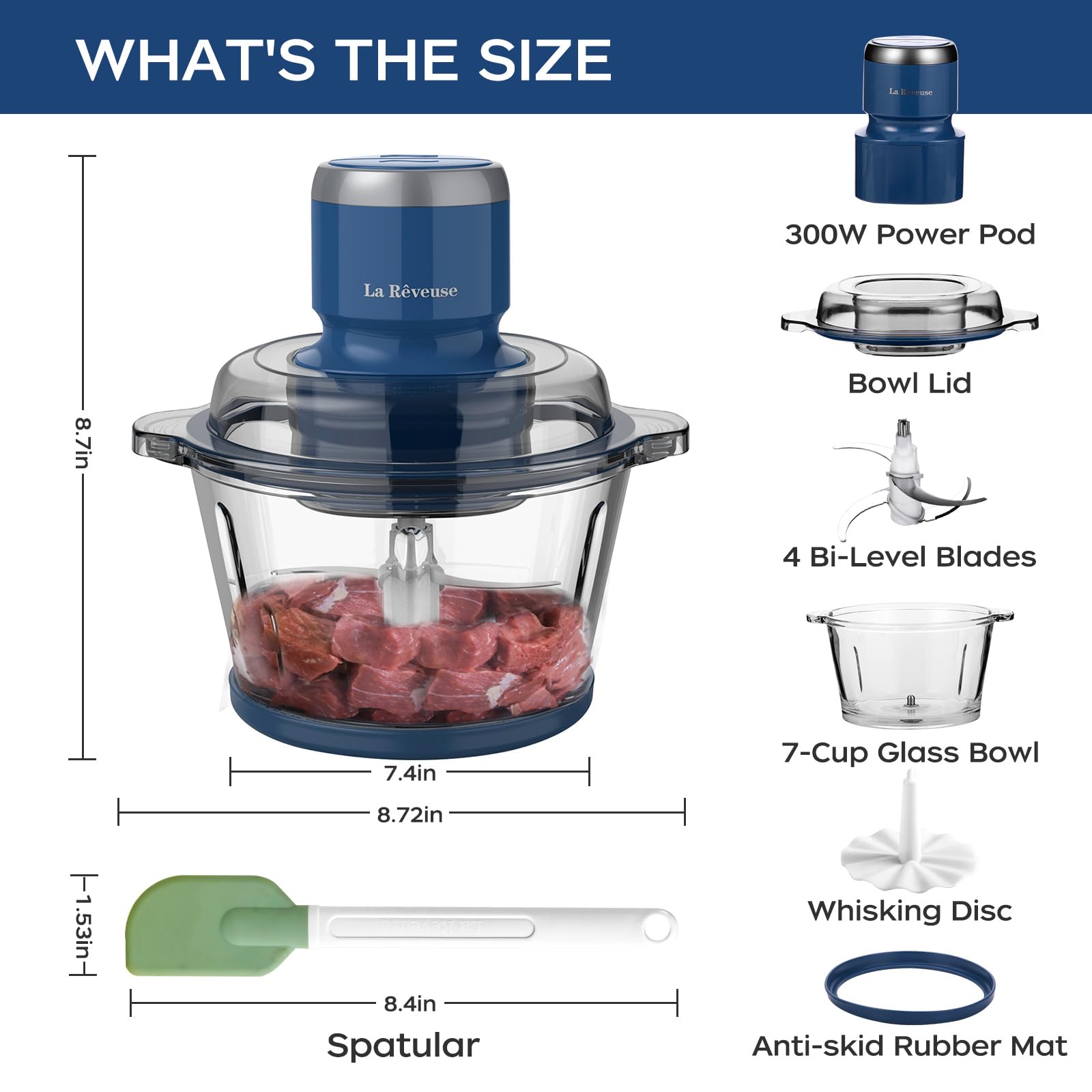 La Reveuse Food Processor,Electric Food Chopper with 7-Cup (1.7L) Glass Bowl, 4 Bi-Level Blades for Chopping,Grinding,Mincing,Whisking,Meal Prep,300W,Blue 🍁 All In One Marketplace Canada