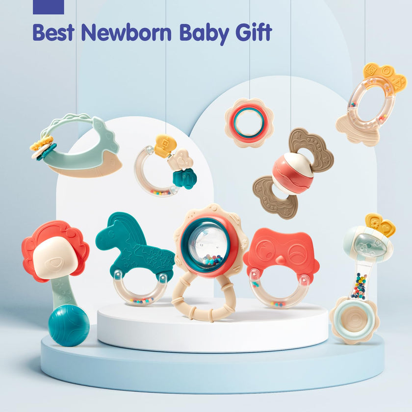hahaland Baby Teething Toys, Infant Newborn Toys 0-3 3-6 Months, Silicone Babies Teether Rattles, Baby Shower Gifts for Newborn Boys Girls, 10 Pcs with Storage Box for 0 Months+ 🍁 All In One Marketplace Canada
