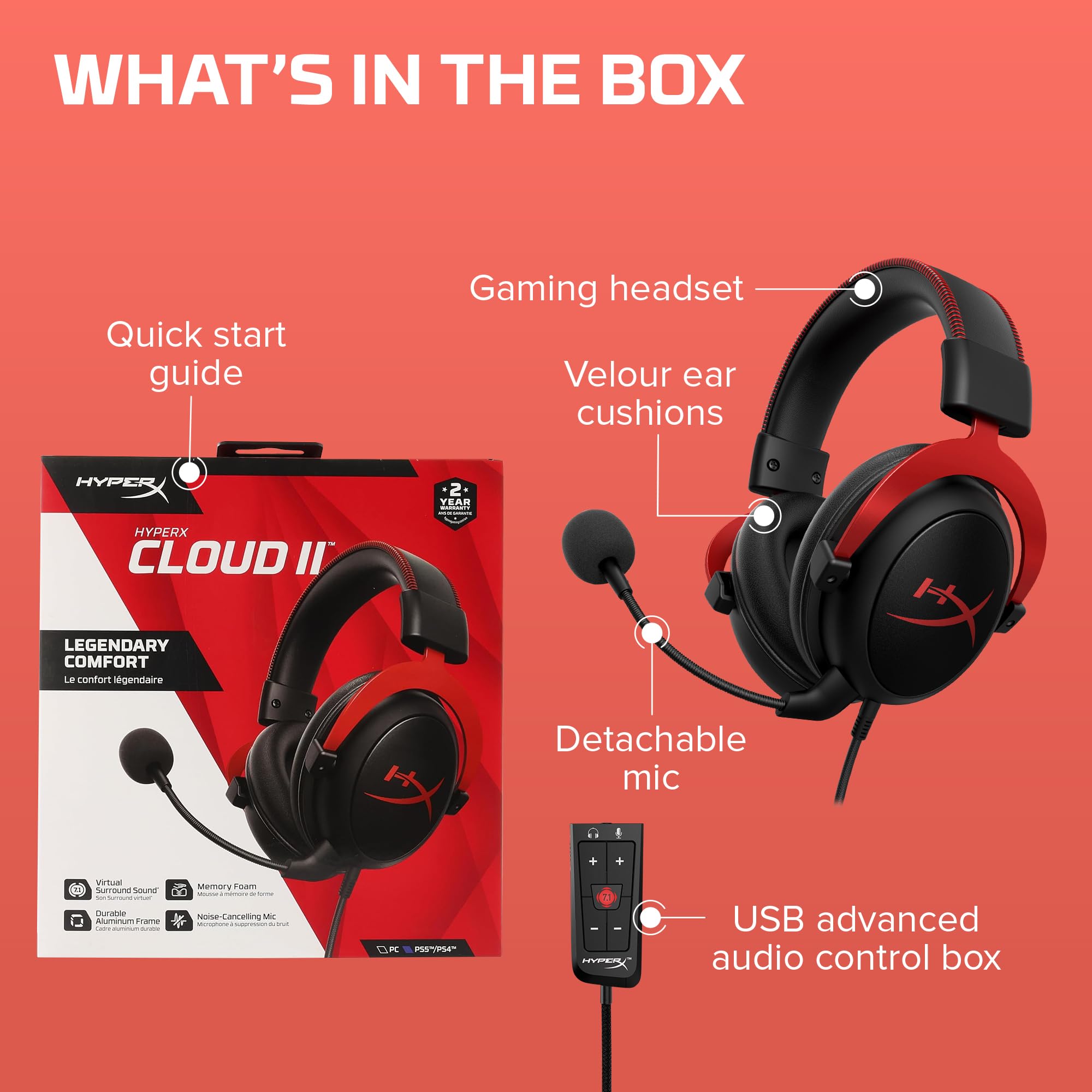 HyperX Cloud II - Gaming Headset, 7.1 Surround Sound, Memory Foam Ear Pads, Durable Aluminum Frame, Detachable Microphone, Works with PC, PS5, PS4, Xbox Series X|S, Xbox One – Red 🍁 All In One Marketplace Canada