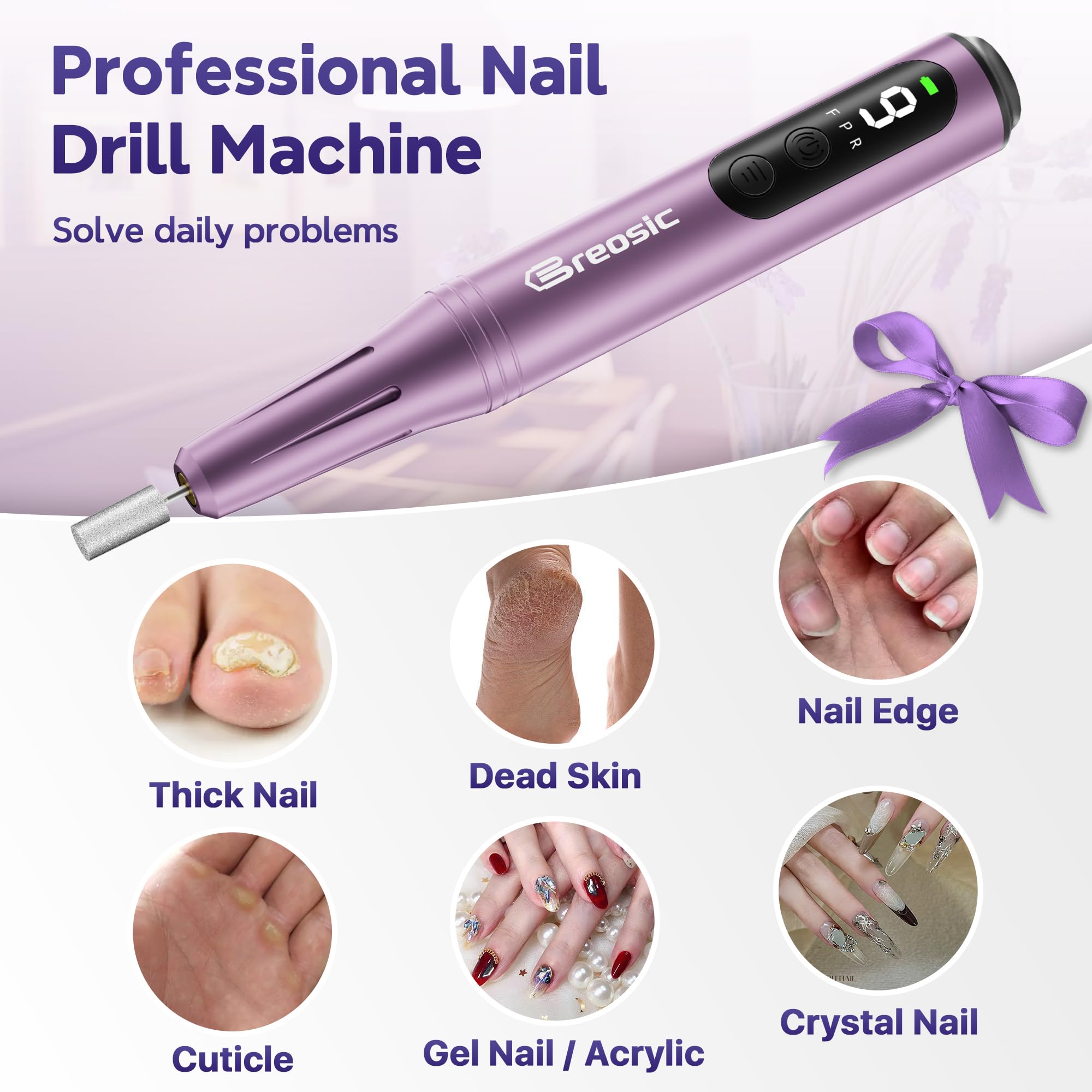 Breosic Electric Nail Drill 35000RPM,12-in-1 Nail File Portable USB-Rechargeable Cordless Nail Drill Professional with 9-Speed & LED Display Manicure Pedicure Nail Kits for Acrylic & Gel Nails(Purple) 🍁 All In One Marketplace Canada