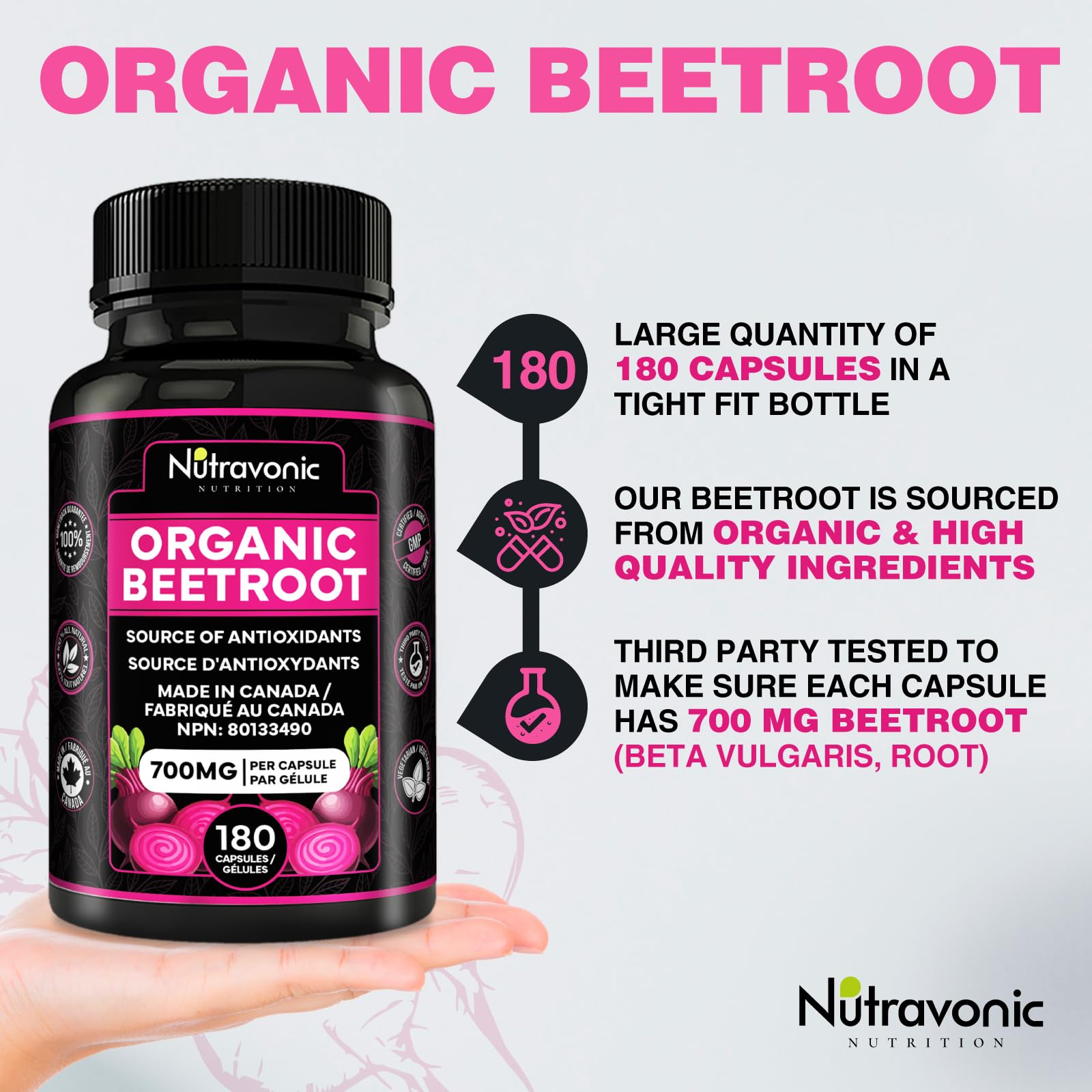 *BONUS SIZE* 180 Capsules of High Potency Organic Beetroot Capsules | 1,400mg per serving (700mg per capsule x2) Canadian Made Beet Root Powder | Antioxidant Support | Support Active Energy Lifestyle | A Natural Super Food | Quality Assured