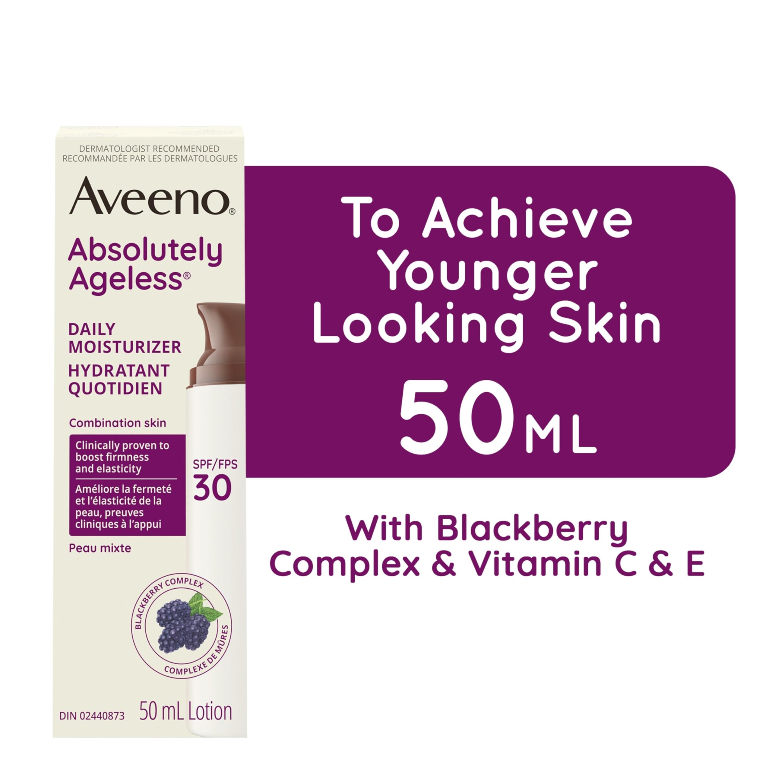 Aveeno Absolutely Ageless Daily Face Moisturizer with SPF 30 Sunscreen – Anti-Aging Wrinkle Cream with Blackberry Complex, Vitamins C & E – Hydrating Facial Moisturizer for Firmer Even Skin Tone 50 mL 🍁 All In One Marketplace Canada