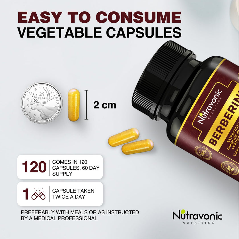 Nutravonic Berberine Supplements 1000mg Per Serving, 500mg Per Capsule | Made in Canada I Supports Healthy Glucose & Lipid Metabolism | Non-GMO, Vegan, Gluten-free, 120 Easy-to-Swallow Capsules 🍁 All In One Marketplace Canada