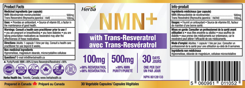Herba NMN Supplement with Resveratrol – 500mg + 100mg | 100% Purity β-NMN & >99% Resveratrol | NAD Supplement Canada Made | NAD+ Precursor | 30 Capsules 🍁 All In One Marketplace Canada