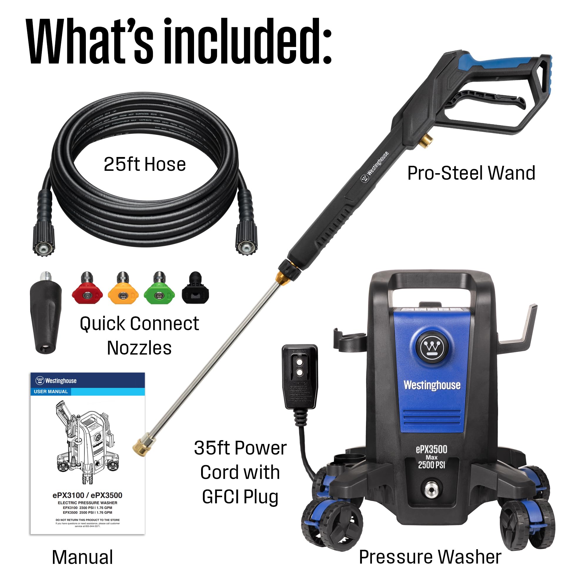Westinghouse ePX3500 Electric Pressure Washer, 2500 Max PSI 1.76 Max GPM with Anti-Tipping Technology, Onboard Soap Tank, Pro-Style Steel Wand, 5-Nozzle Set, for Cars/Fences/Driveways/Home/Patios 🍁 All In One Marketplace Canada
