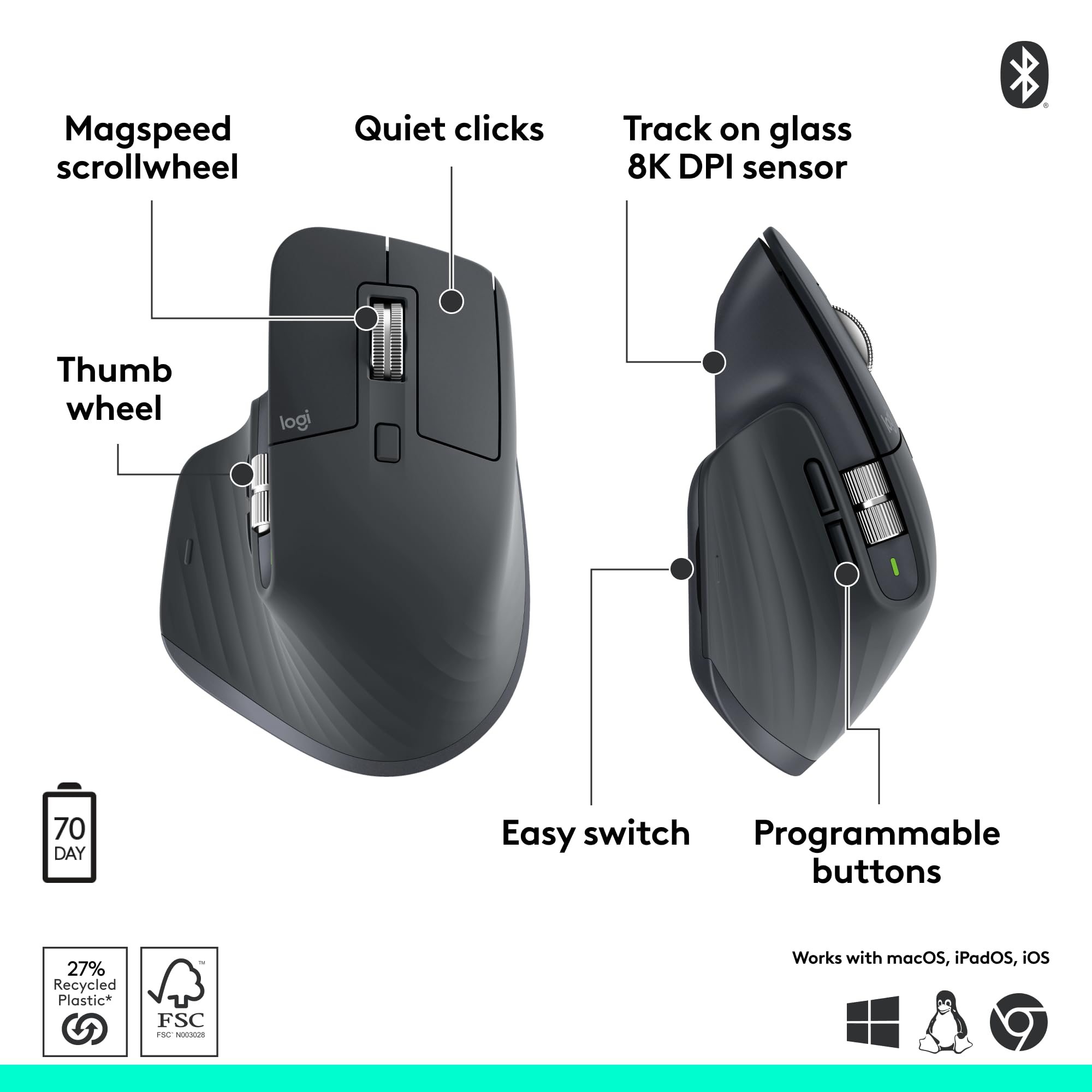 Logitech MX Master 3S Bluetooth Edition Wireless Mouse, No USB Receiver - Ultra-Fast Scrolling, Ergo, 8K DPI, Track on Glass, Quiet Clicks, Works with Apple Mac, Windows PC, Linux, Chrome - Graphite 🍁 All In One Marketplace Canada