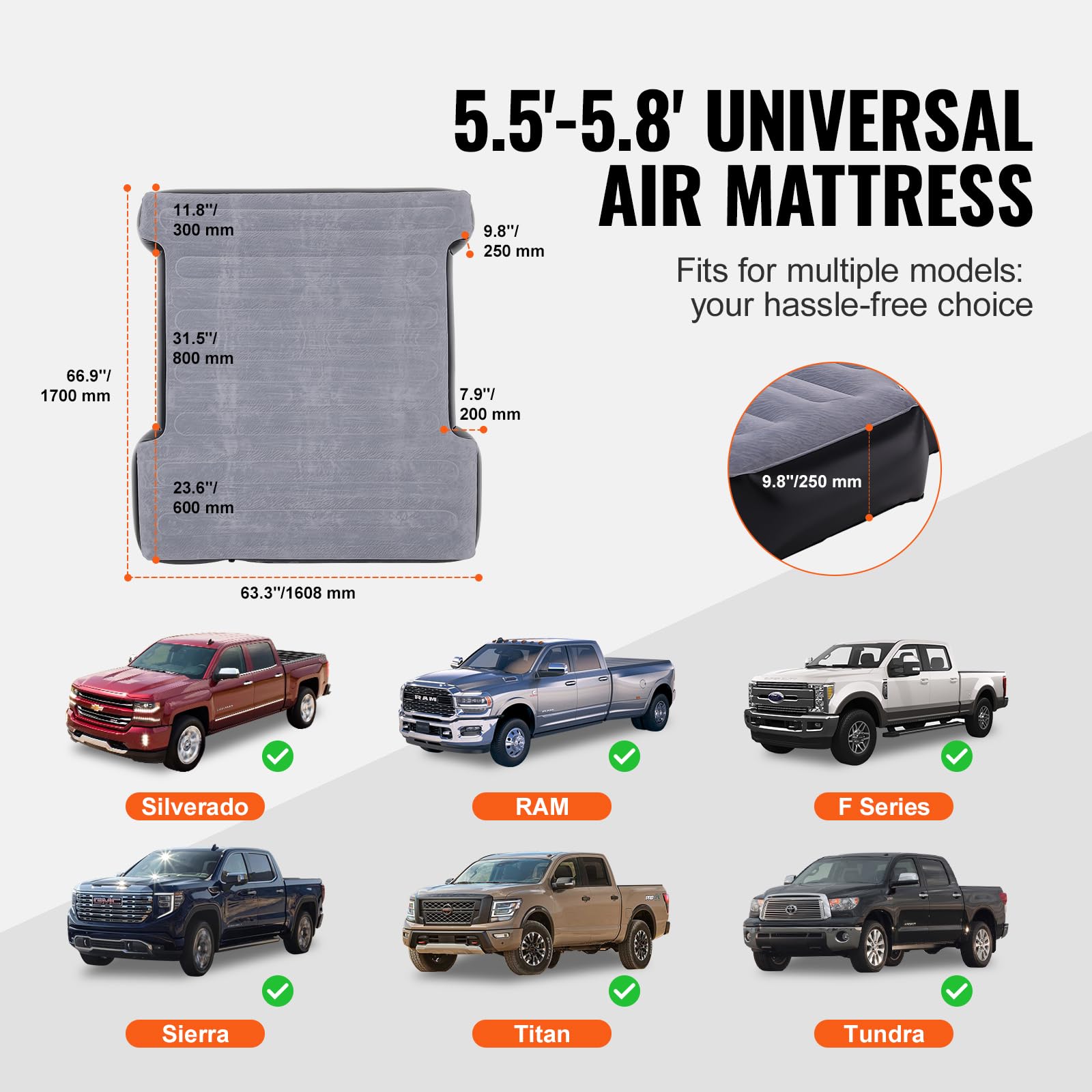 VEVOR Truck Bed Air Mattress, for 5.5-5.8 ft Full Size Short Truck Beds, Inflatable Air Mattress Camping Bed with 12V Air Pump 2 Pillows, Carry Bag, for Silverado, RAM, F Series, Sierra, Titan, Tundra 🍁 All In One Marketplace Canada