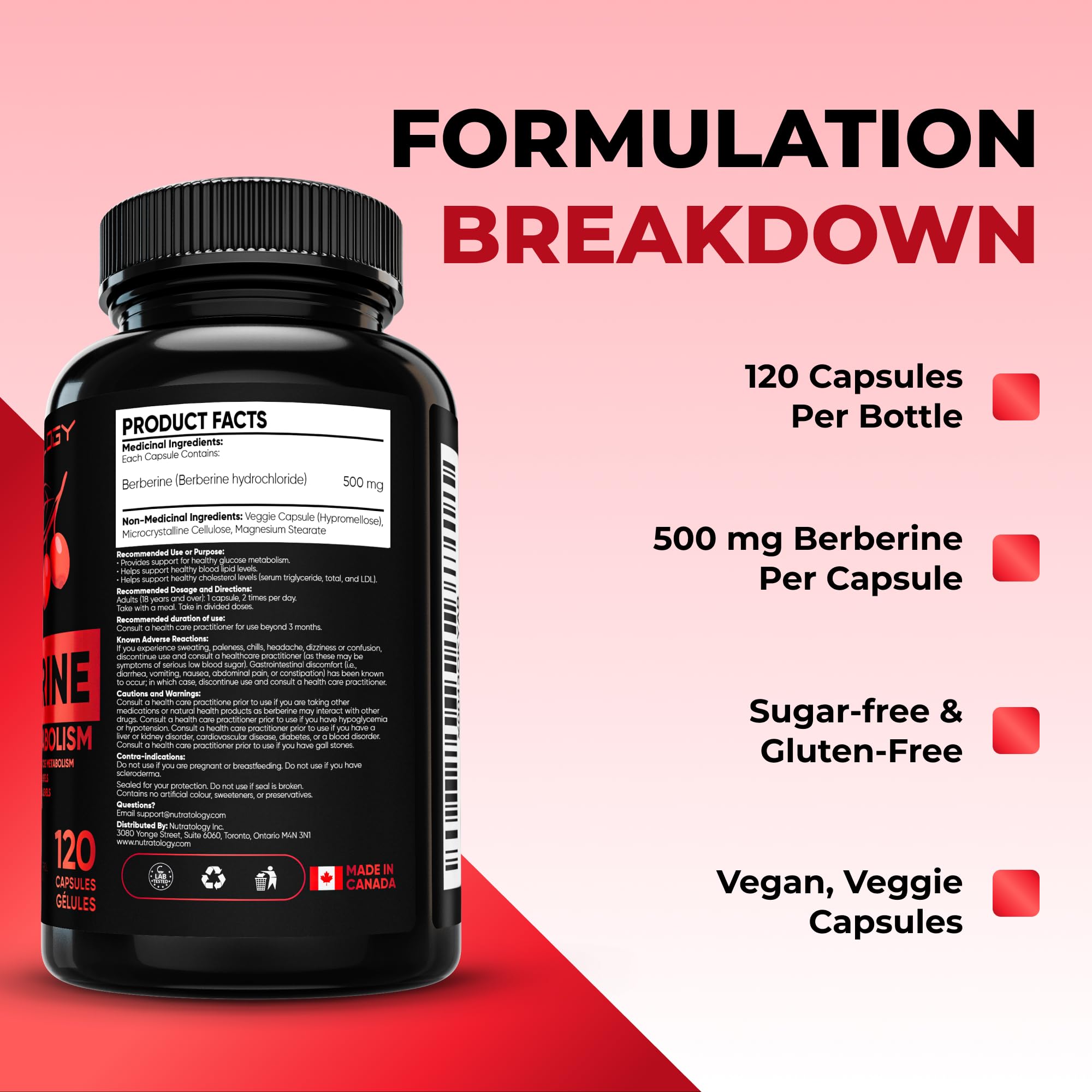 Nutratology® Berberine Supplement | Canadian-Made | Max Potency 500MG Per Capsule - Supports Glucose Metabolism & Healthy Blood Sugar Levels Through Efficient Metabolism Of Sugar & Fats - 120 Capsules 🍁 All In One Marketplace Canada