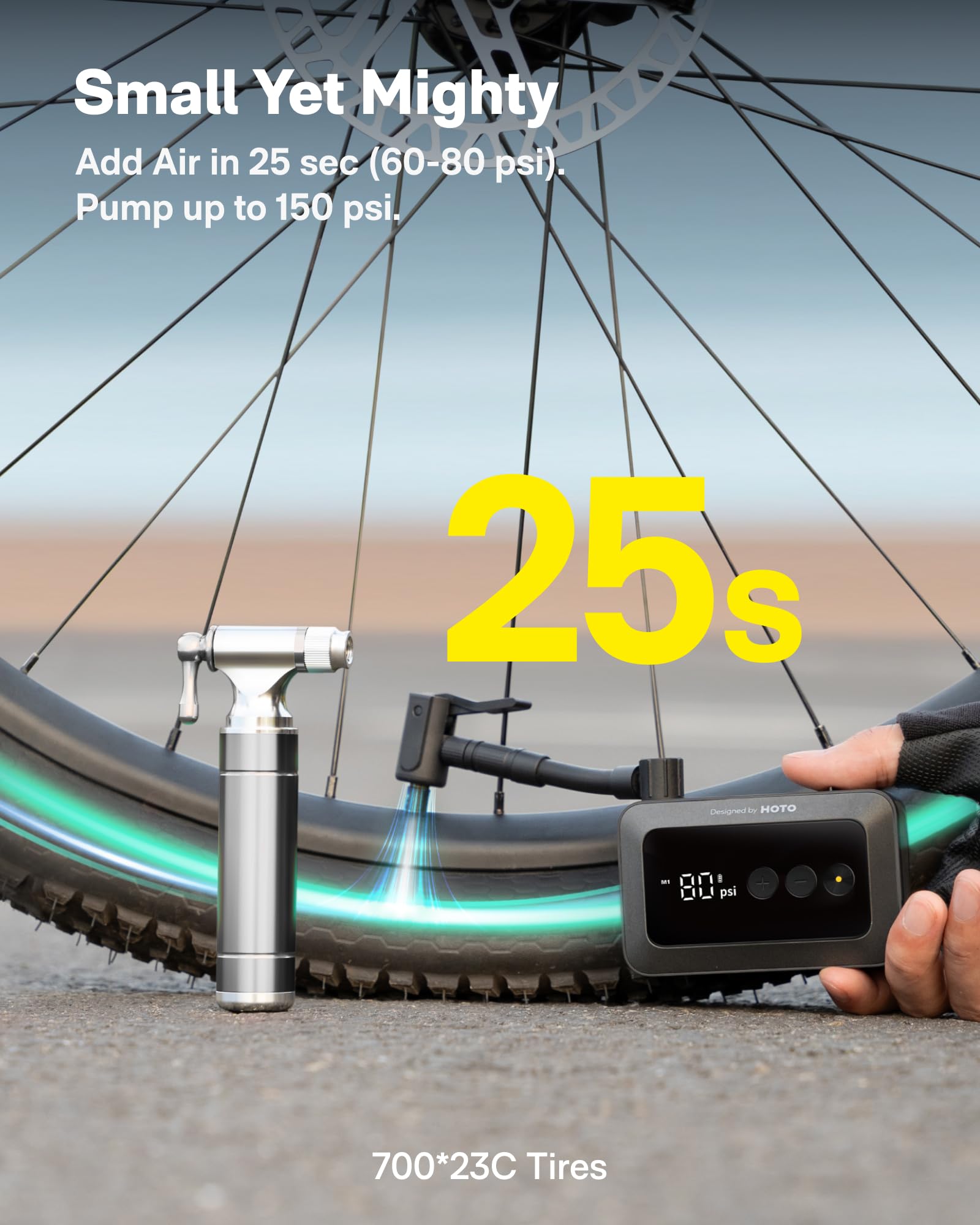 HOTO Electric Bike Pump, 150PSI Fast Inflate with Pressure Gauge, Mini Portable Bicycle Tire Inflator with Schrader & Presta Valve, for E-Bike, Road, Mountain, City and Fat Bikes, Motorcycle, BMX 🍁 All In One Marketplace Canada